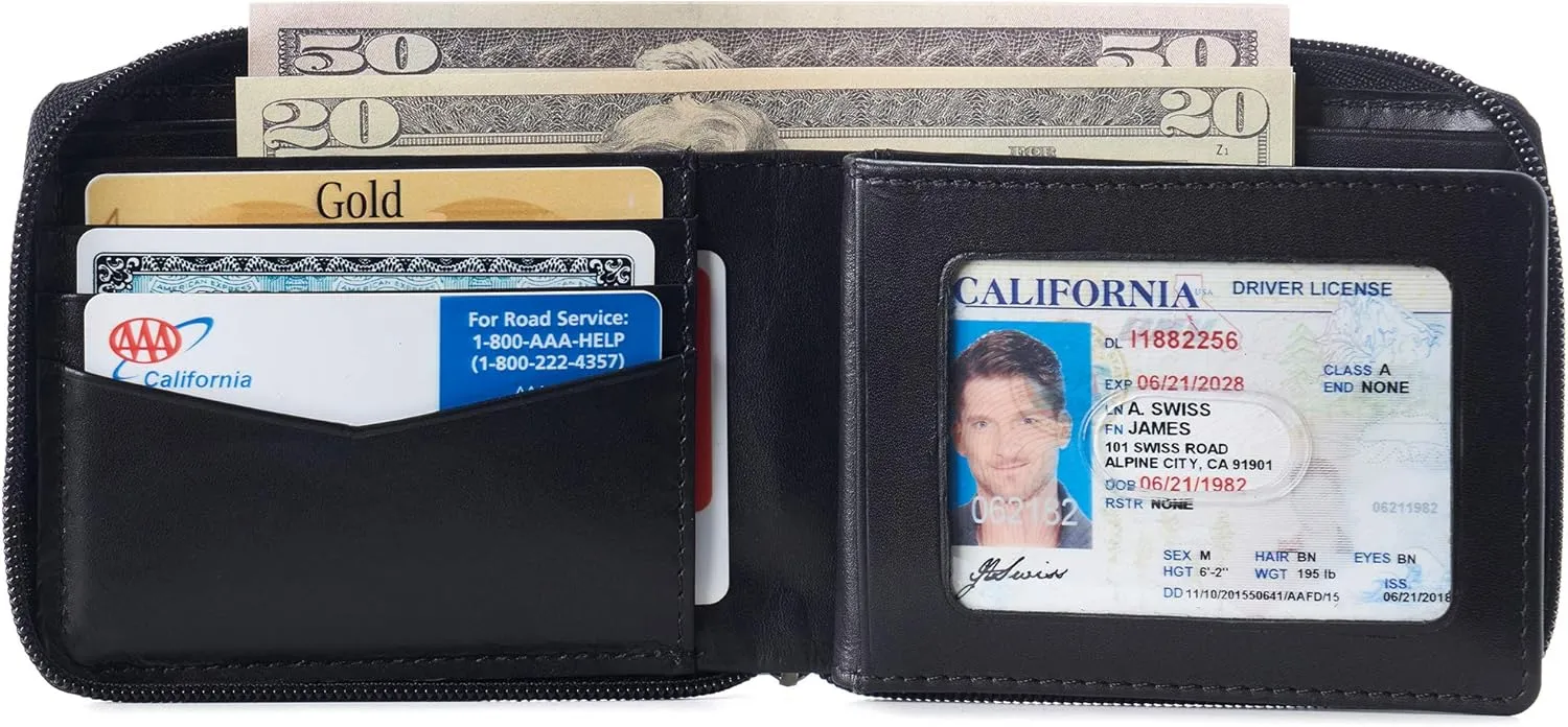 Alpine Swiss Logan Zipper Bifold Wallet For Men or Women RFID Safe Comes in a Gift Box