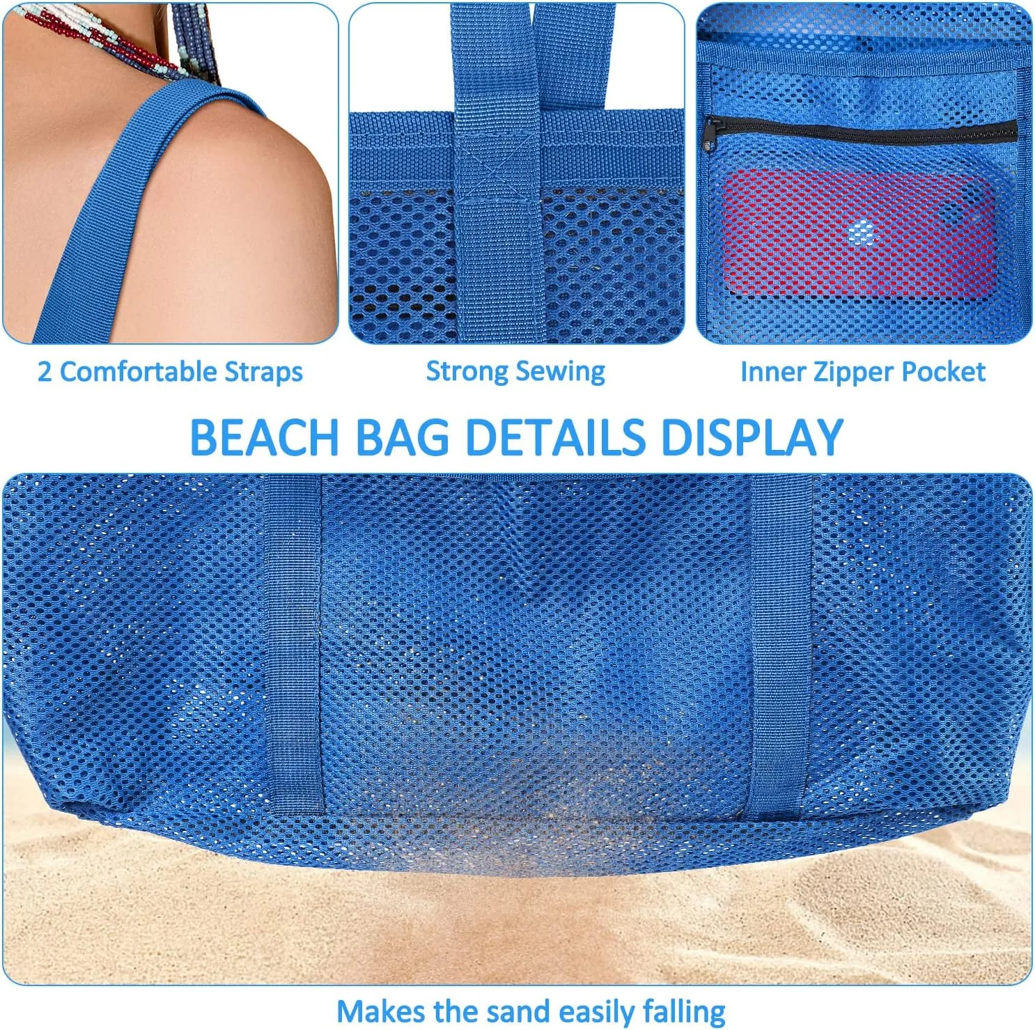 Ayieyill Mesh Beach Bag Tote Bag for Women, Foldable Swim Large Beach Tote Bag with Zipper Pockets Waterproof Sandproof