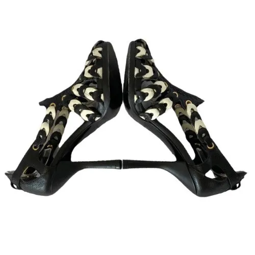 BALENCIAGA Black & White Morocco Leather Sandals Nicolas Ghesquiere 2008, Size 36.5