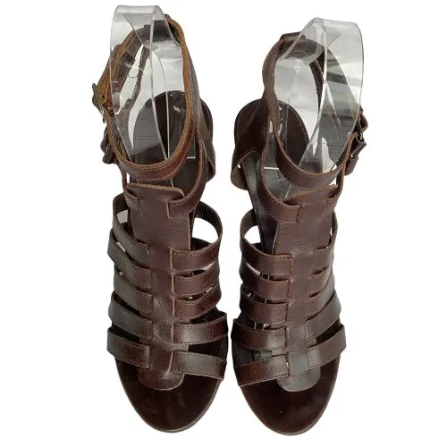BALENCIAGA Dark Brown Leather Gladiator Strappy Sandals, Size 39.5
