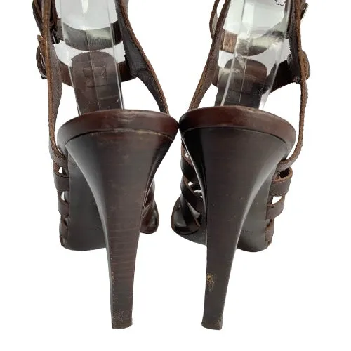BALENCIAGA Dark Brown Leather Gladiator Strappy Sandals, Size 39.5
