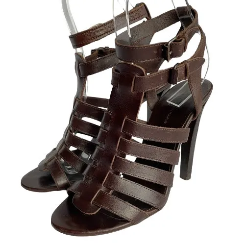 BALENCIAGA Dark Brown Leather Gladiator Strappy Sandals, Size 39.5