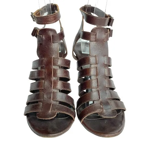 BALENCIAGA Dark Brown Leather Gladiator Strappy Sandals, Size 39.5