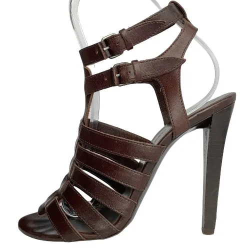 BALENCIAGA Dark Brown Leather Gladiator Strappy Sandals, Size 39.5