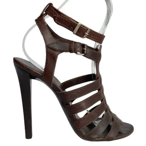 BALENCIAGA Dark Brown Leather Gladiator Strappy Sandals, Size 39.5