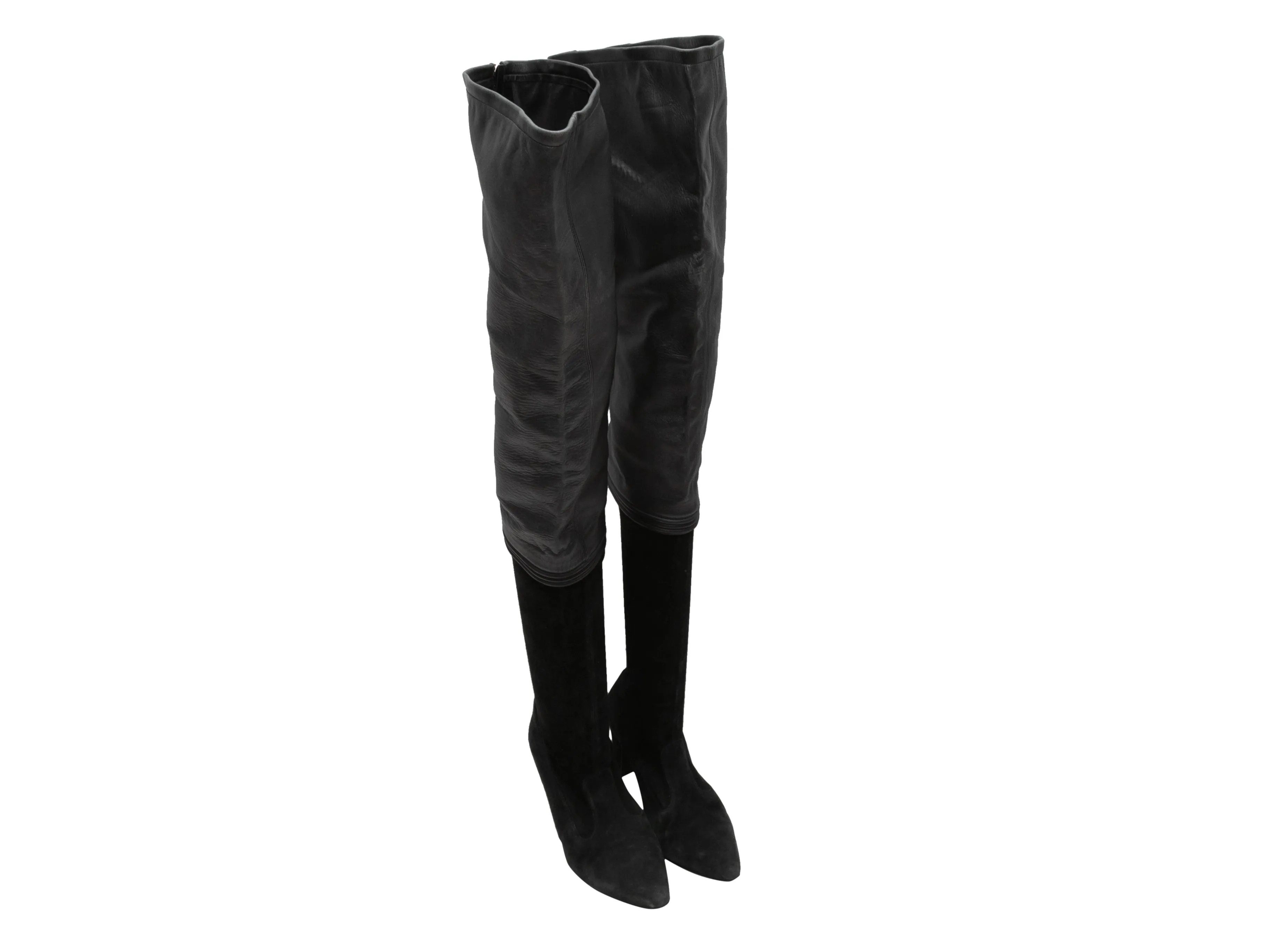 Black Chanel Suede & Leather Pointed-Toe Over-The-Knee Boots Size 37.5C