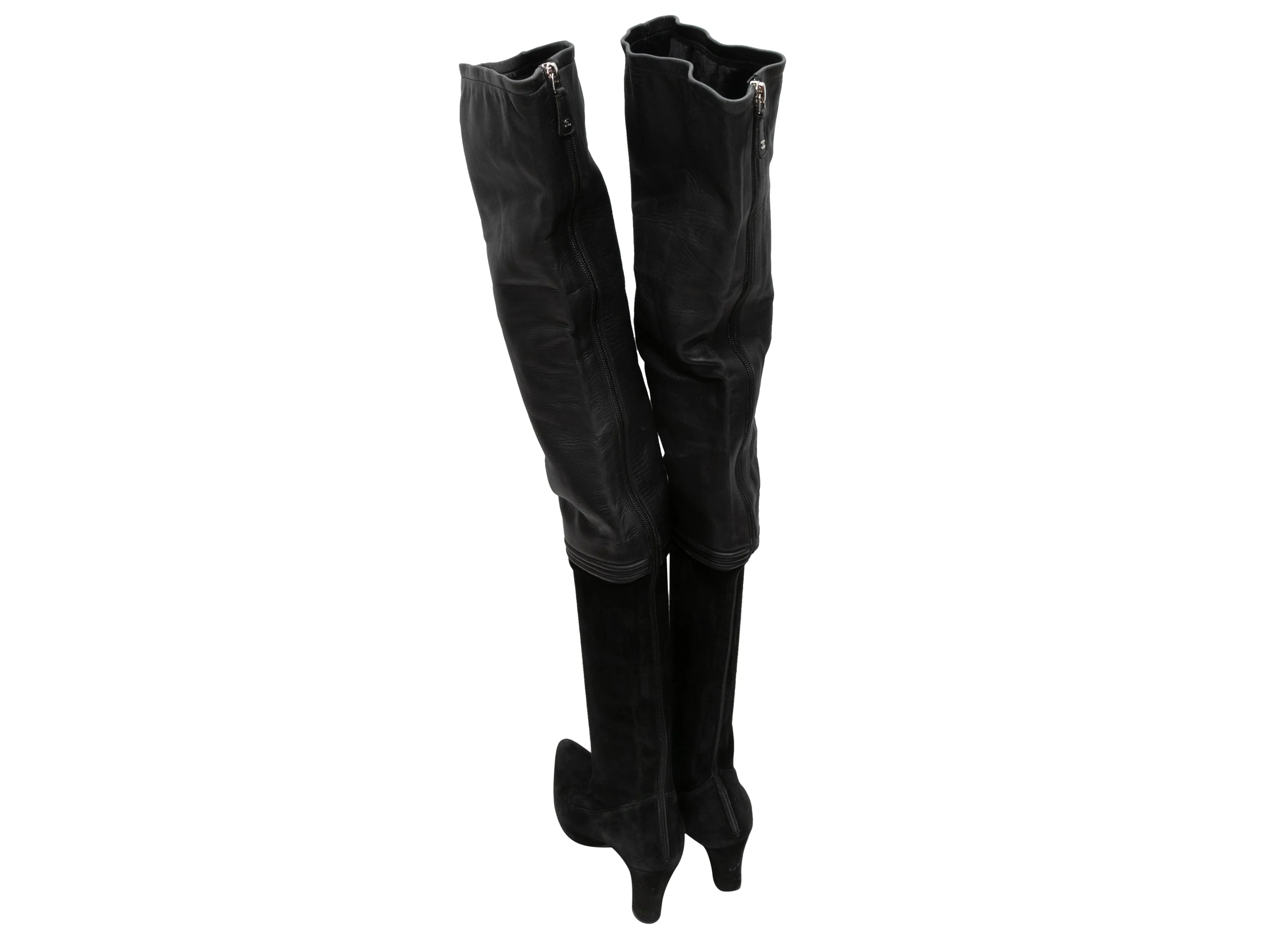 Black Chanel Suede & Leather Pointed-Toe Over-The-Knee Boots Size 37.5C