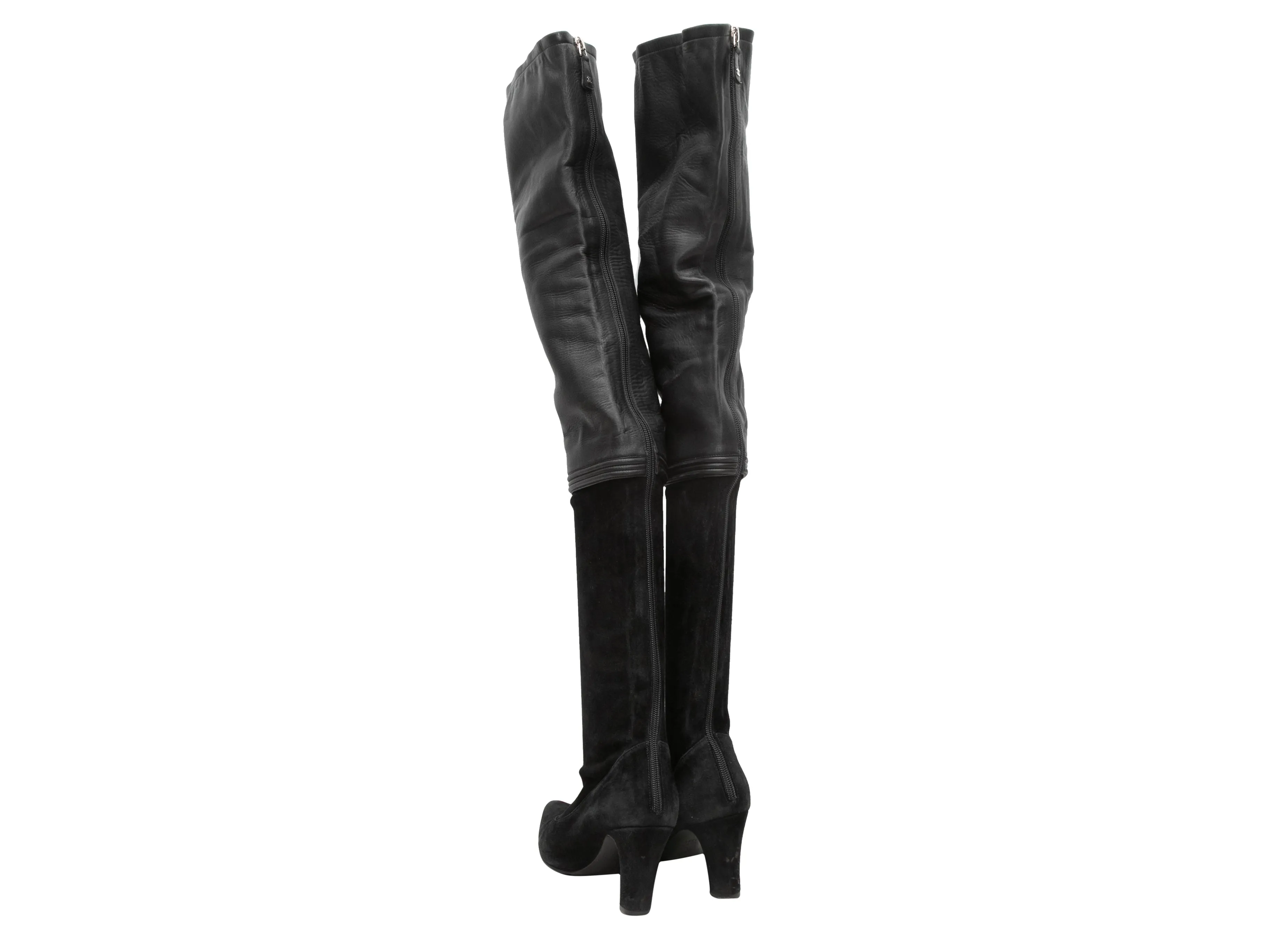 Black Chanel Suede & Leather Pointed-Toe Over-The-Knee Boots Size 37.5C