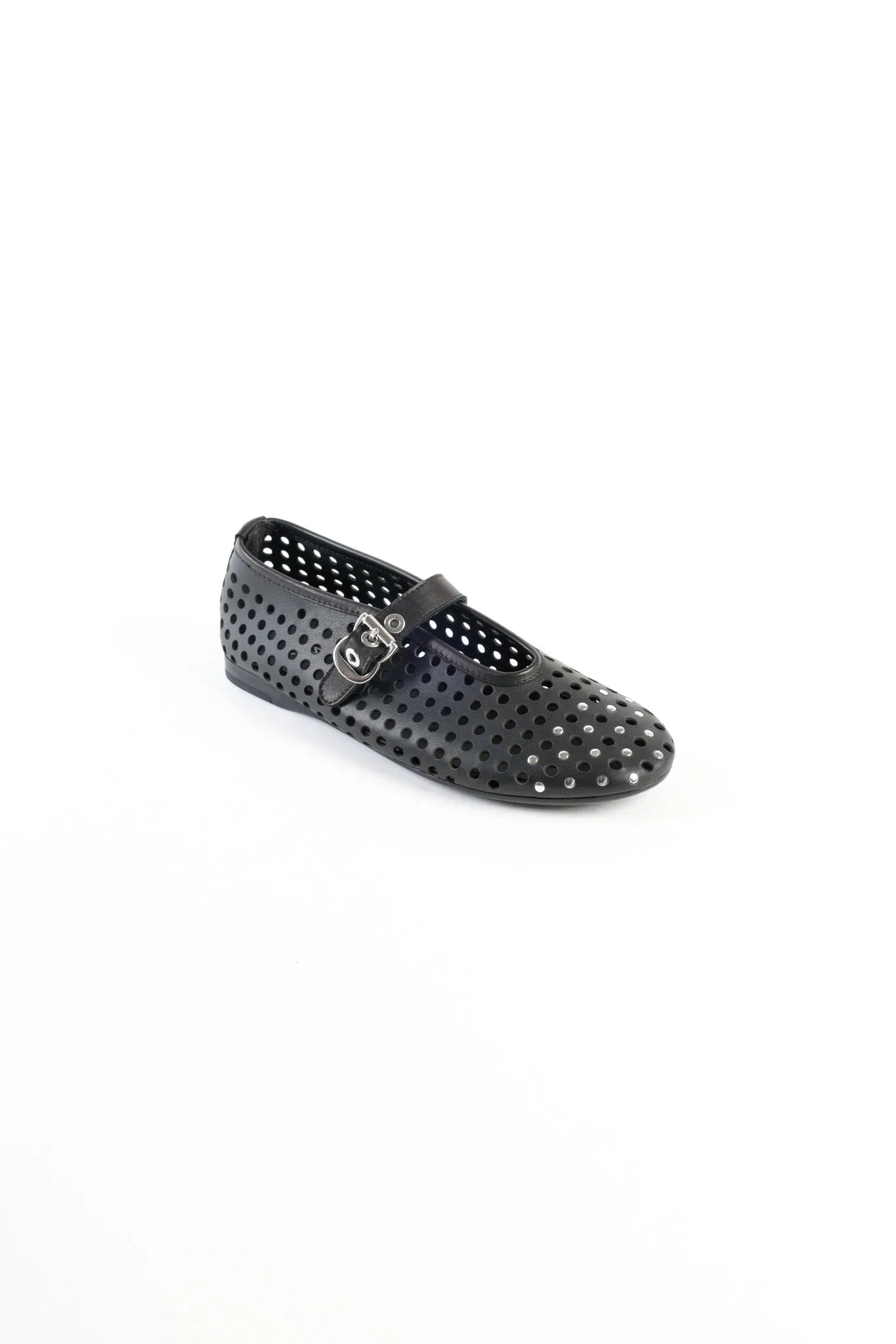 CARROLYN BLACK- Perforated Leather Ballet Flats with Studs and Buckle
