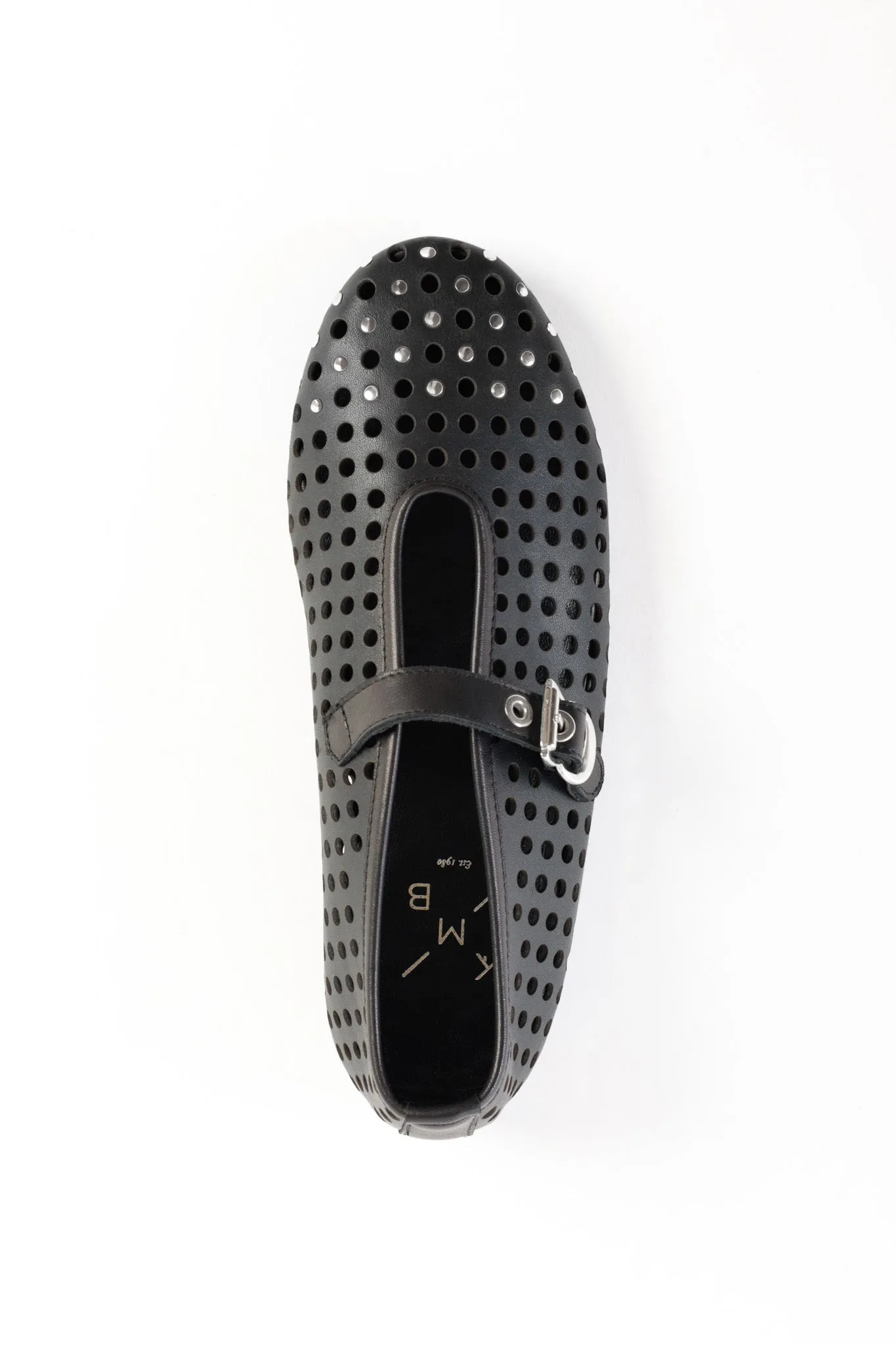 CARROLYN BLACK- Perforated Leather Ballet Flats with Studs and Buckle
