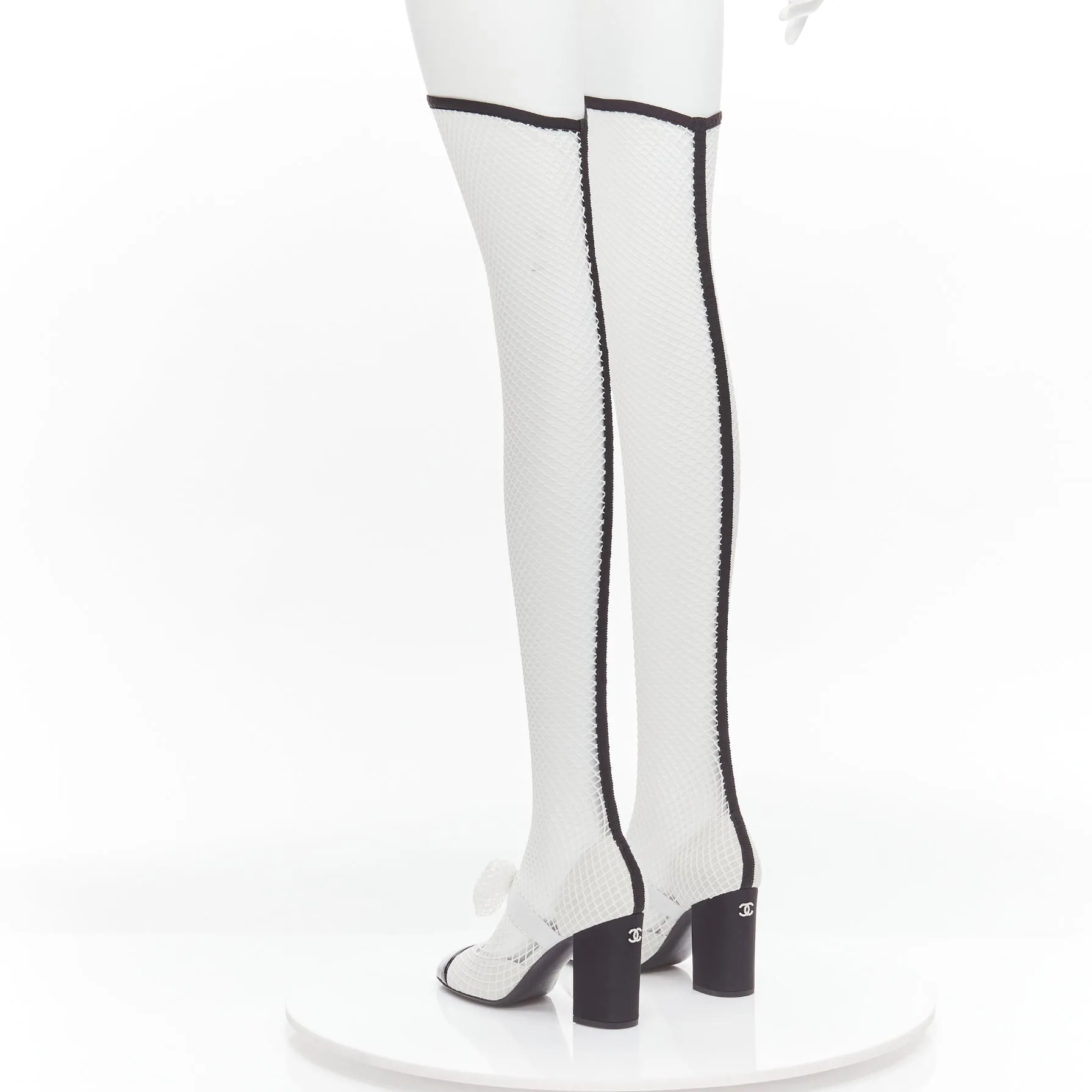 CHANEL 2023 Runway black toe cap white bow CC fishnet thigh high heels EU38.5