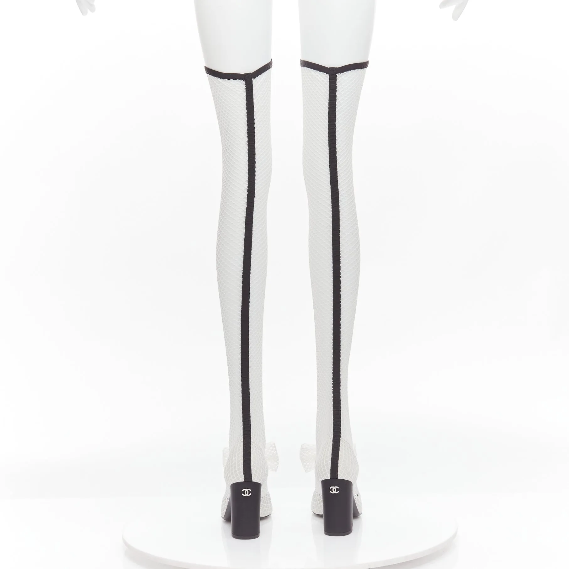 CHANEL 2023 Runway black toe cap white bow CC fishnet thigh high heels EU38.5