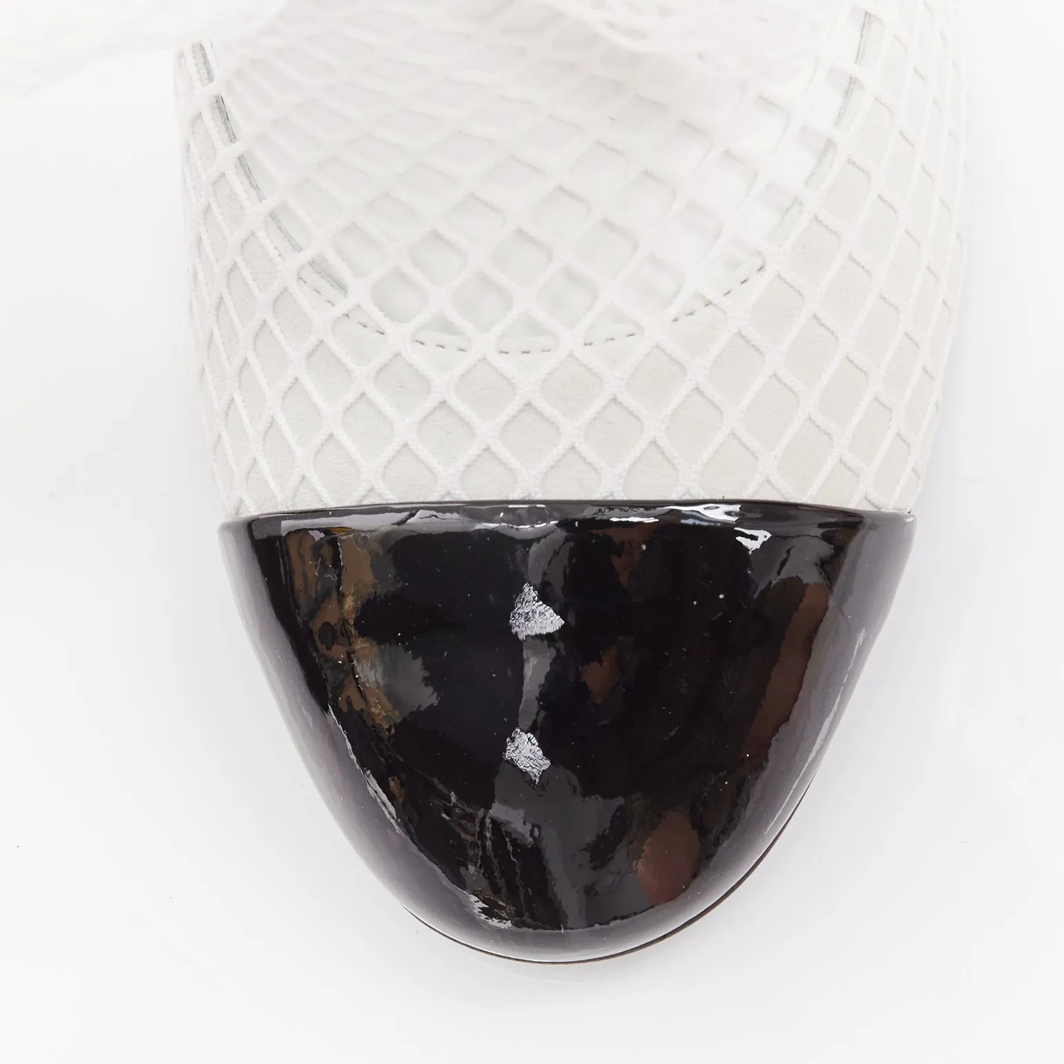 CHANEL 2023 Runway black toe cap white bow CC fishnet thigh high heels EU38.5