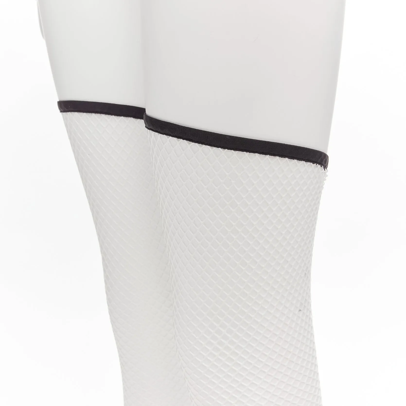 CHANEL 2023 Runway black toe cap white bow CC fishnet thigh high heels EU38.5