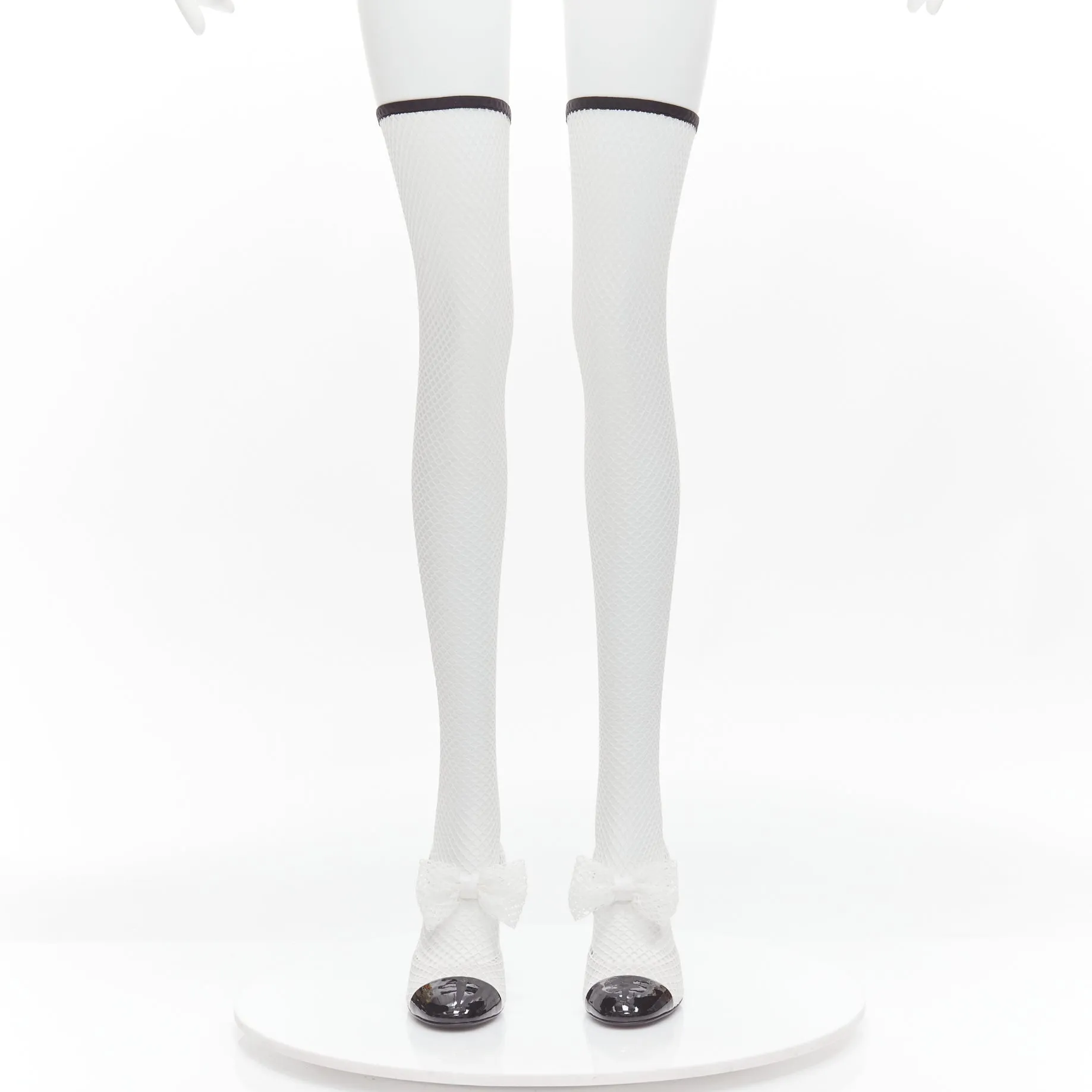 CHANEL 2023 Runway black toe cap white bow CC fishnet thigh high heels EU38.5