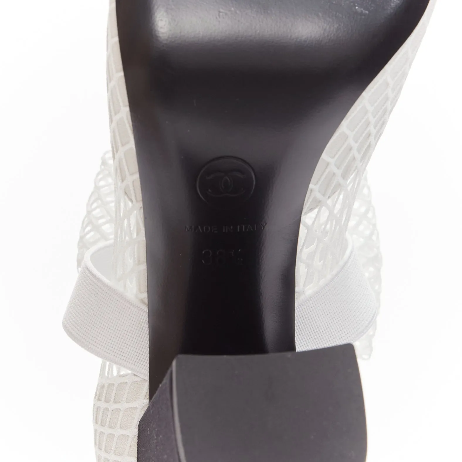 CHANEL 2023 Runway black toe cap white bow CC fishnet thigh high heels EU38.5