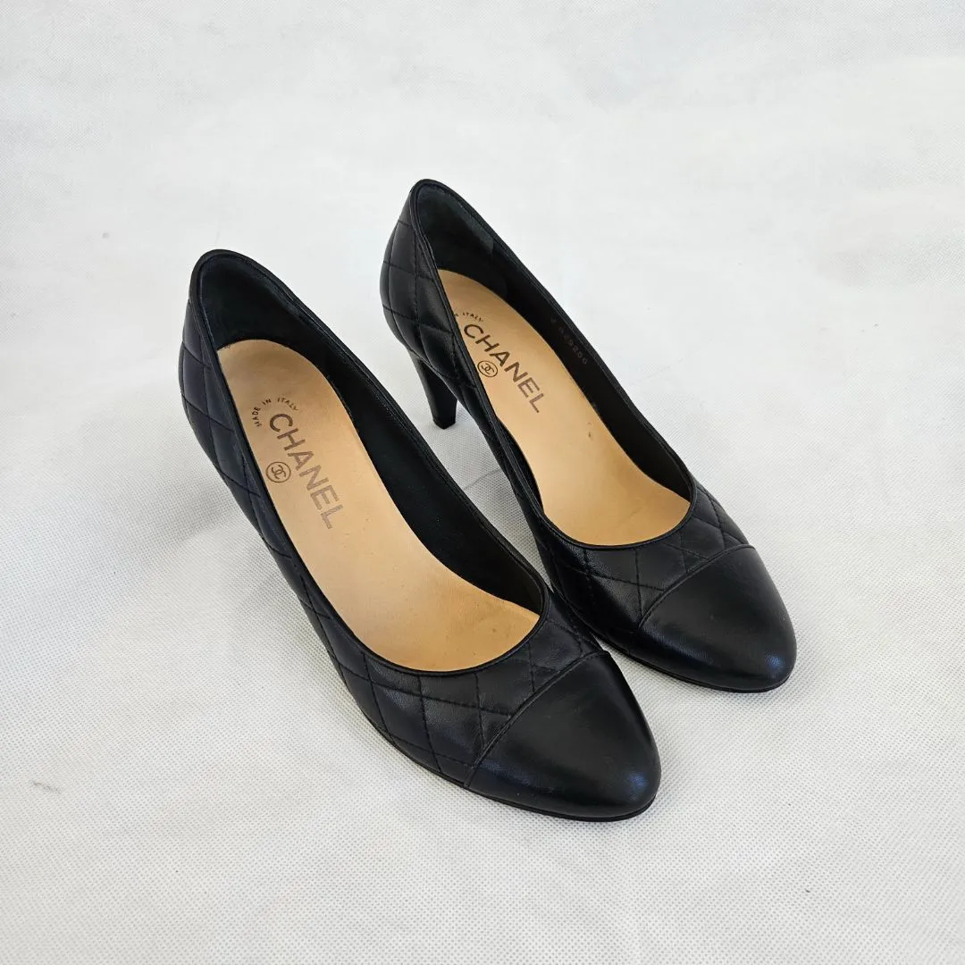 Chanel Black Quilted Heel Pumps, 38.5C