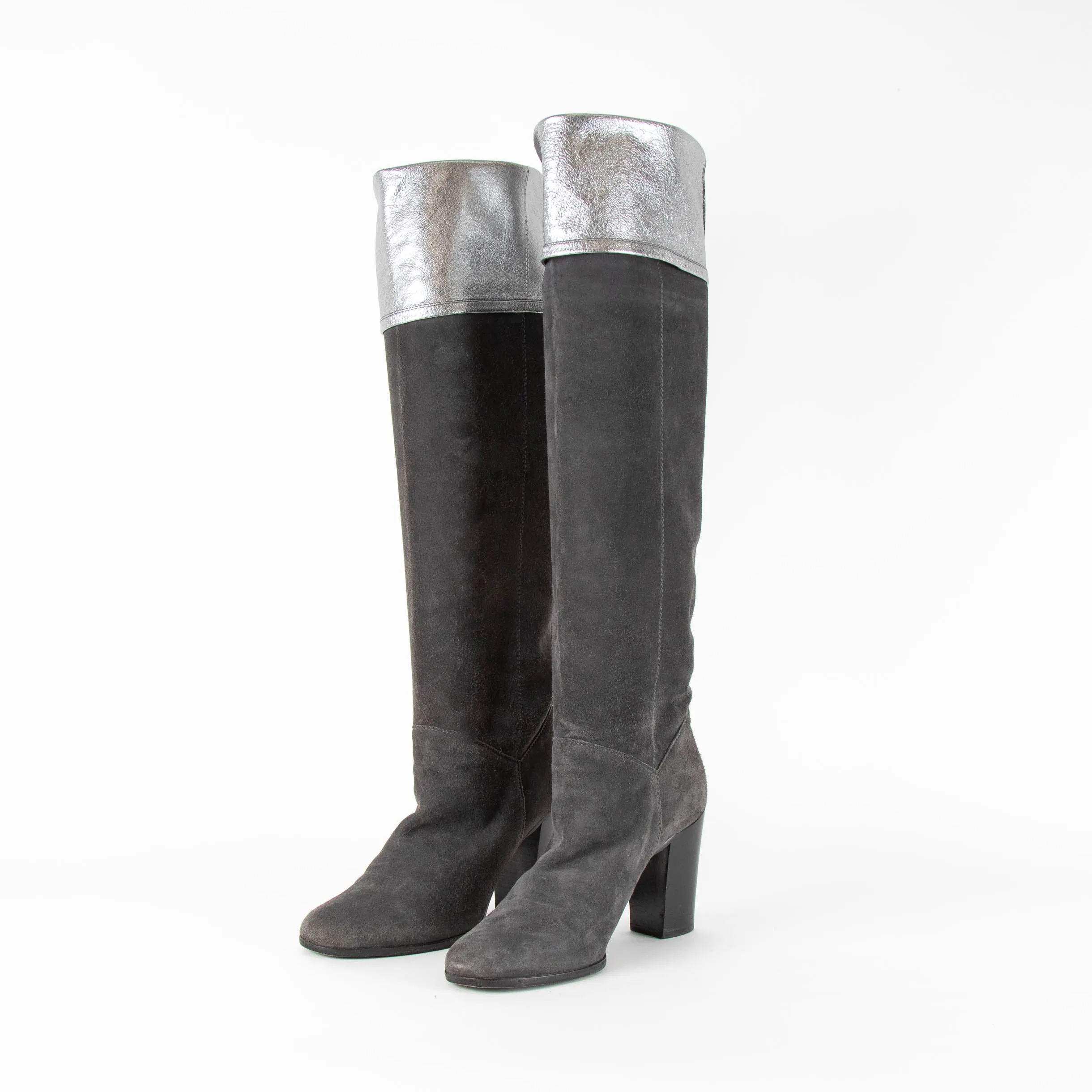 Chanel Grey Suede Silver Leather CC Logo Fold Over long Boots