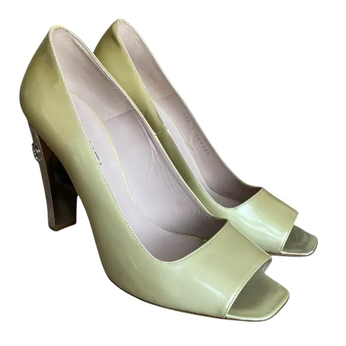CHANEL Pale Yellow Patent Leather CC Logo Silver Heel Peep Toe Pumps, Size 41