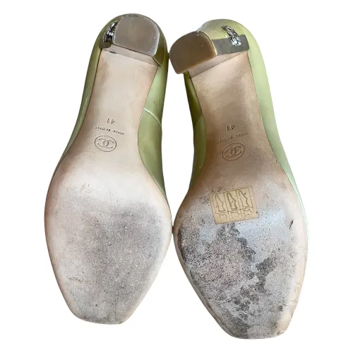 CHANEL Pale Yellow Patent Leather CC Logo Silver Heel Peep Toe Pumps, Size 41