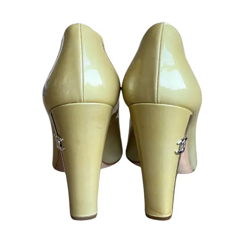 CHANEL Pale Yellow Patent Leather CC Logo Silver Heel Peep Toe Pumps, Size 41