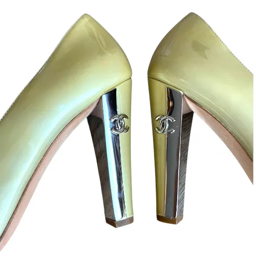 CHANEL Pale Yellow Patent Leather CC Logo Silver Heel Peep Toe Pumps, Size 41