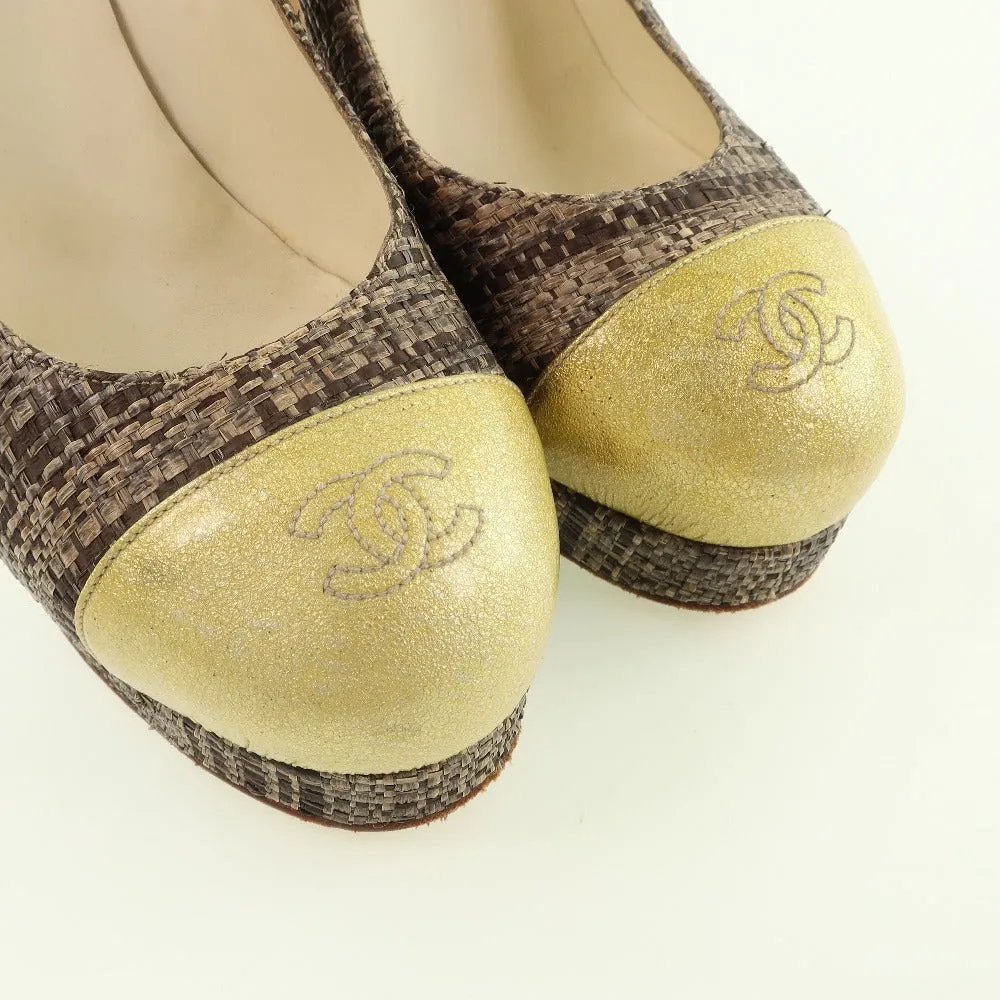 CHANEL pumps Patent Leather, Jute Gold / Brown High heels Women 36 1/2 Used