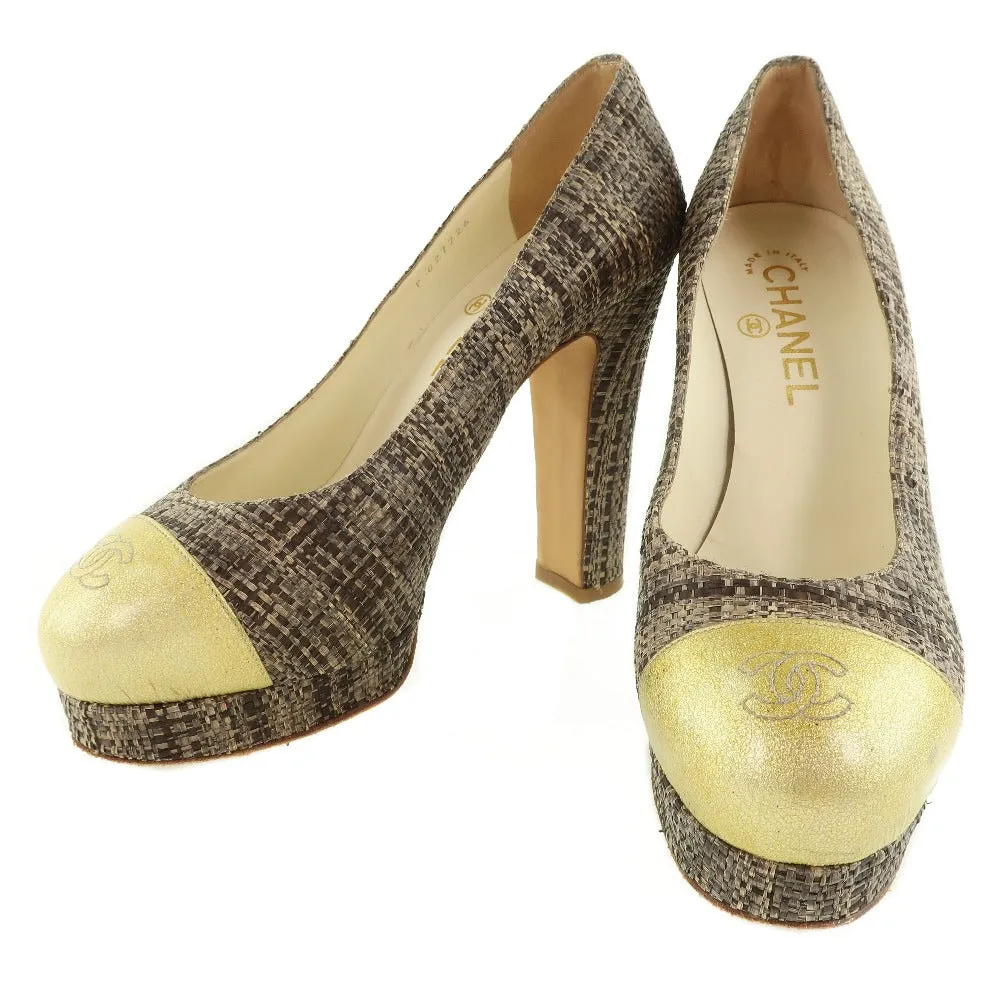 CHANEL pumps Patent Leather, Jute Gold / Brown High heels Women 36 1/2 Used