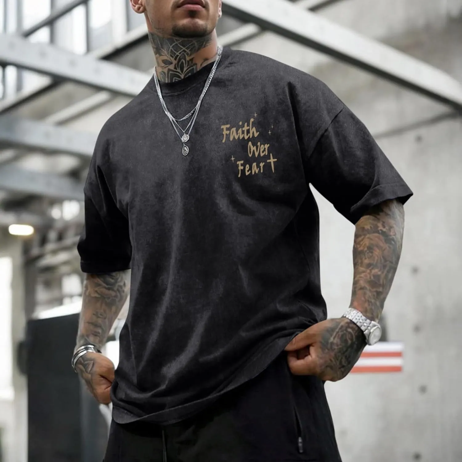 Christian Shirts for Men Faith Over Fear Acid Wash Tshirts Faith Religious Tees God Bible Verse Inspirational Tops