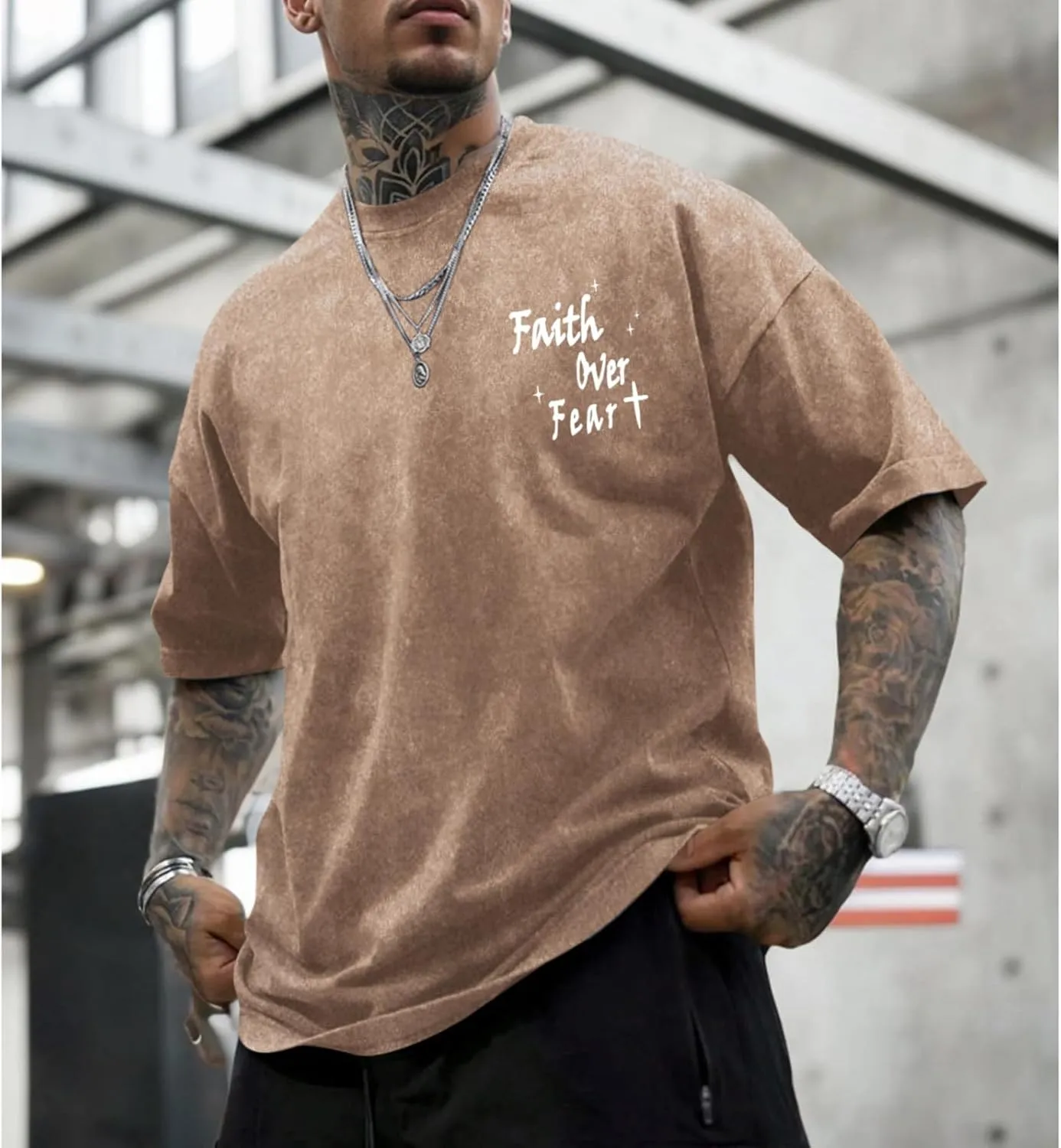 Christian Shirts for Men Faith Over Fear Acid Wash Tshirts Faith Religious Tees God Bible Verse Inspirational Tops