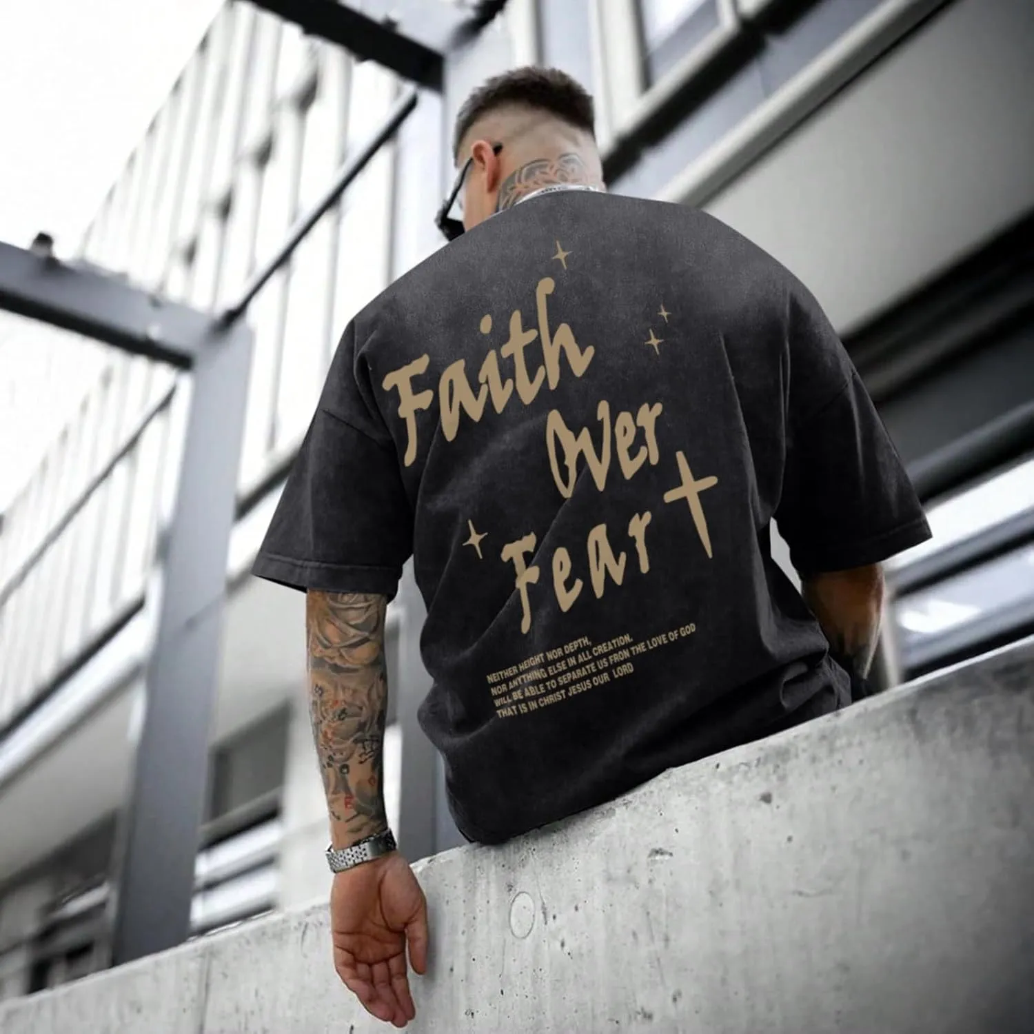 Christian Shirts for Men Faith Over Fear Acid Wash Tshirts Faith Religious Tees God Bible Verse Inspirational Tops