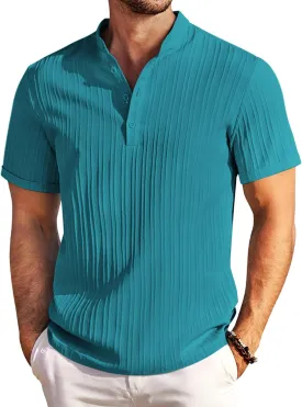 COOFANDY Men Casual Henley Tee Shirt Short Sleeve Band Collar Summer Beach Textured T-Shirt