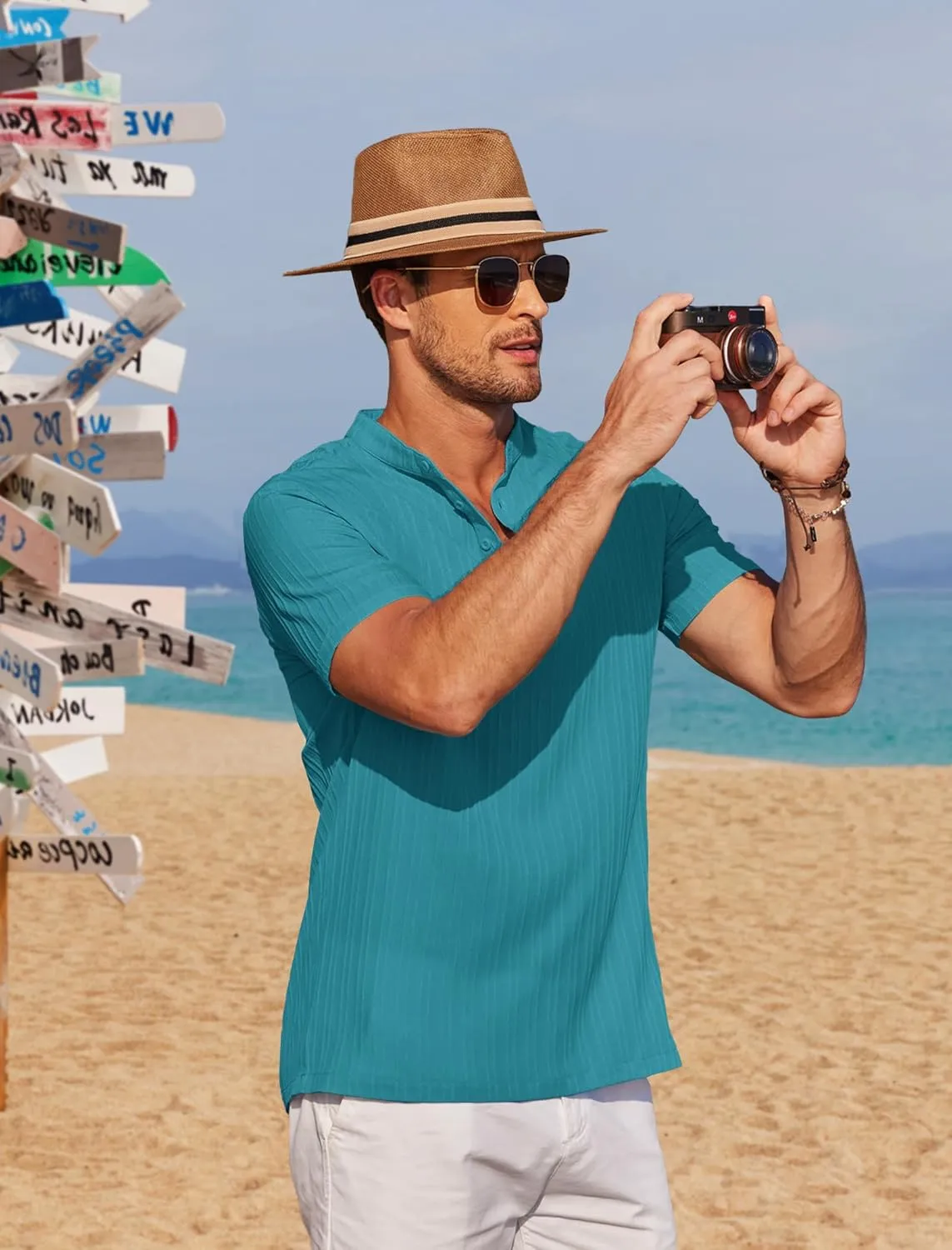 COOFANDY Men Casual Henley Tee Shirt Short Sleeve Band Collar Summer Beach Textured T-Shirt