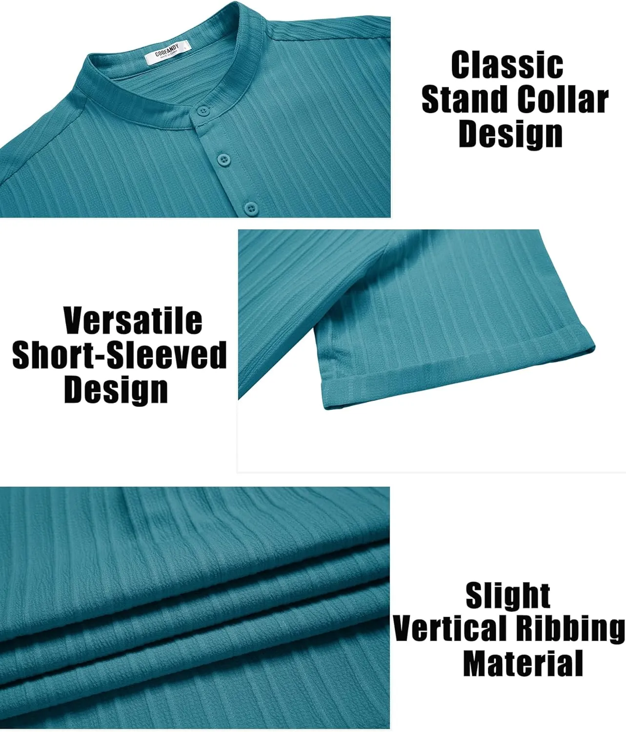 COOFANDY Men Casual Henley Tee Shirt Short Sleeve Band Collar Summer Beach Textured T-Shirt