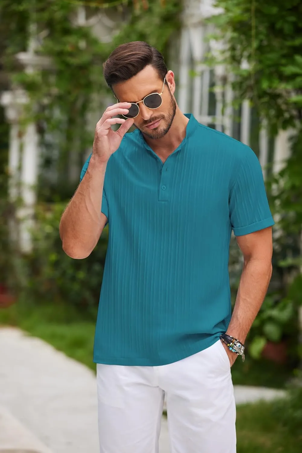 COOFANDY Men Casual Henley Tee Shirt Short Sleeve Band Collar Summer Beach Textured T-Shirt