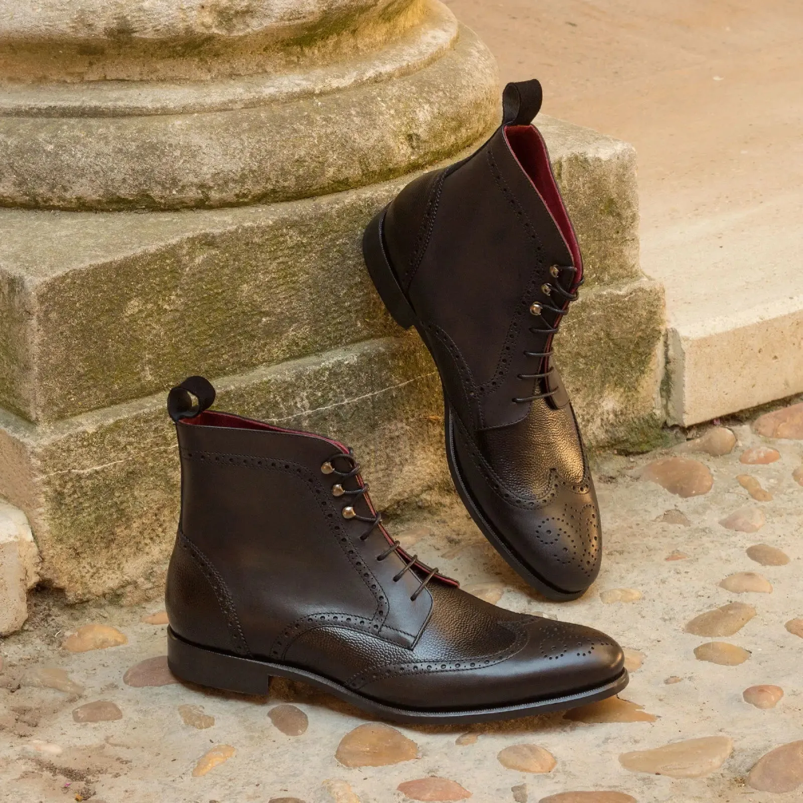 DapperFam Valiant in Black Men's Italian Suede & Pebble Grain Leather Military Brogue