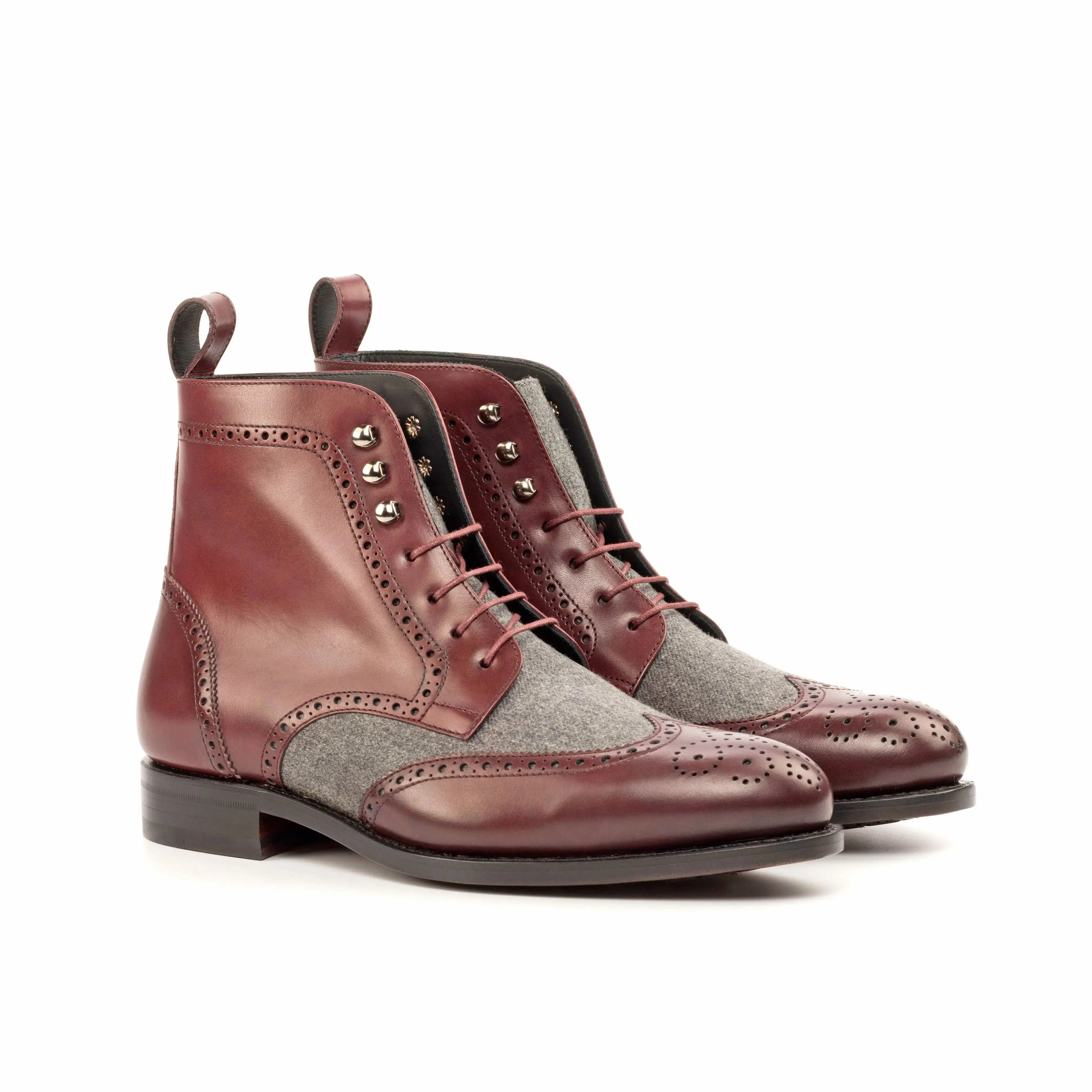 DapperFam Valiant in Burgundy / Light Grey Men's Flannel & Italian Leather Military Brogue