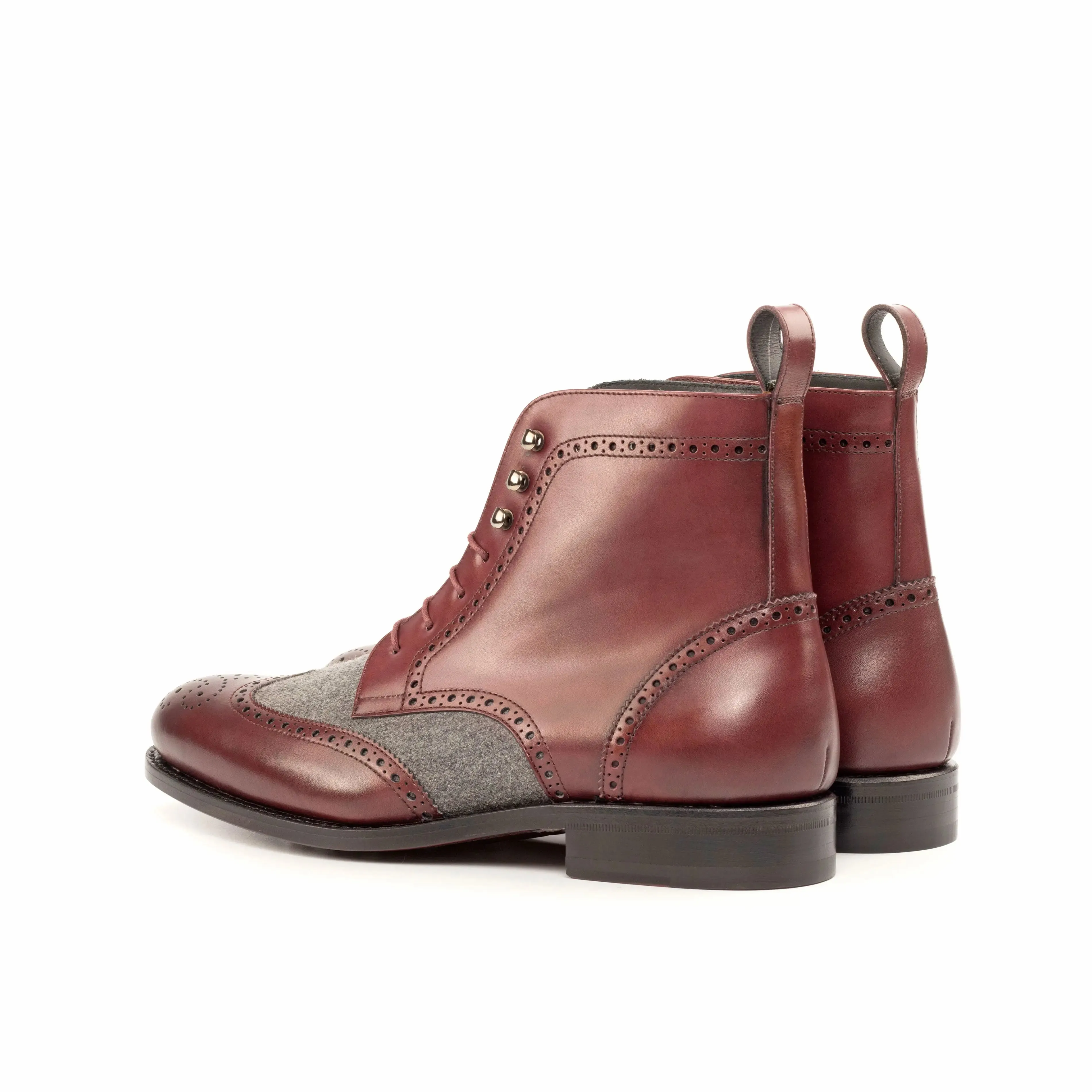 DapperFam Valiant in Burgundy / Light Grey Men's Flannel & Italian Leather Military Brogue