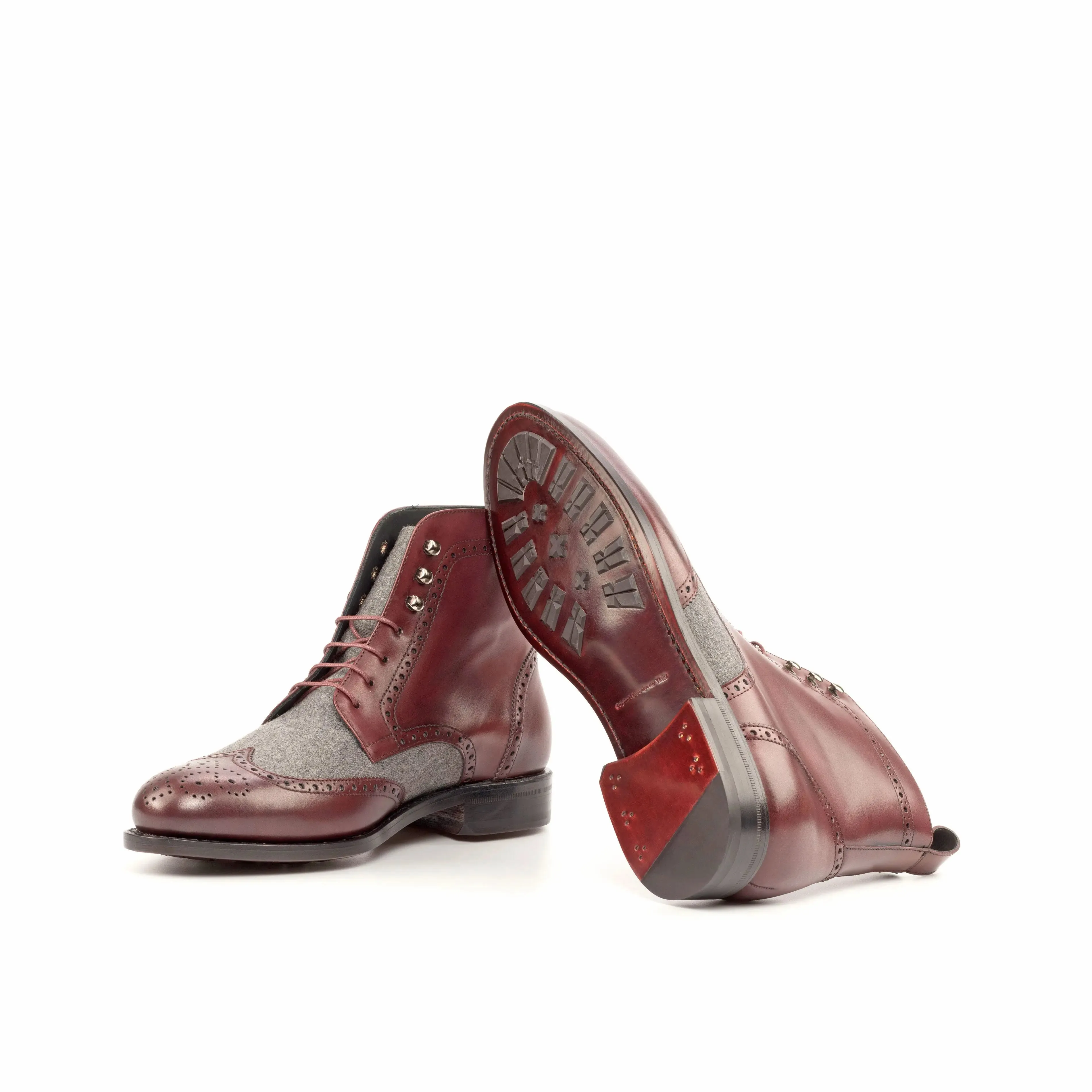 DapperFam Valiant in Burgundy / Light Grey Men's Flannel & Italian Leather Military Brogue