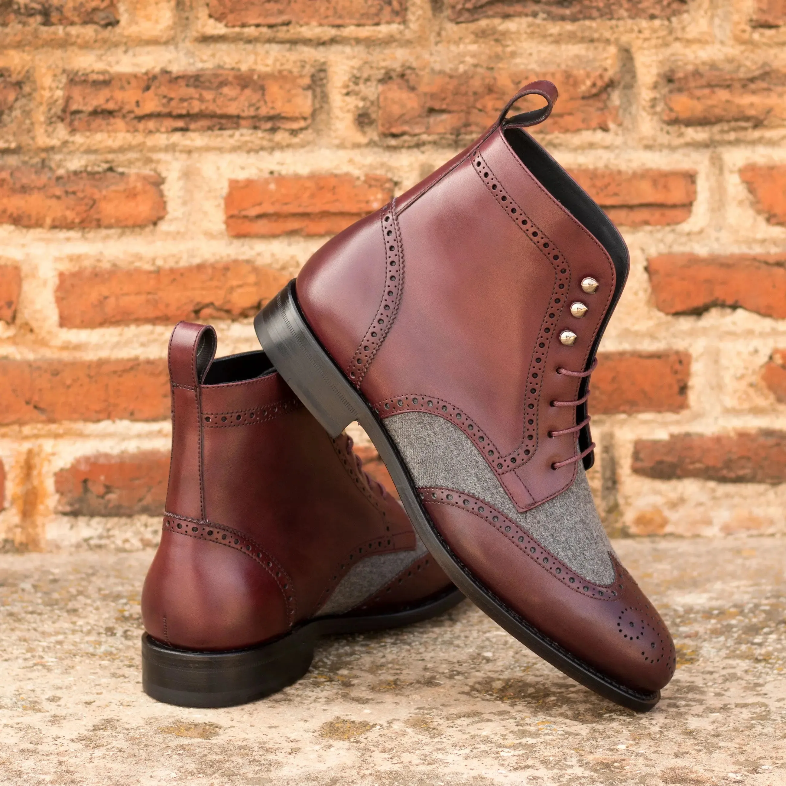 DapperFam Valiant in Burgundy / Light Grey Men's Flannel & Italian Leather Military Brogue