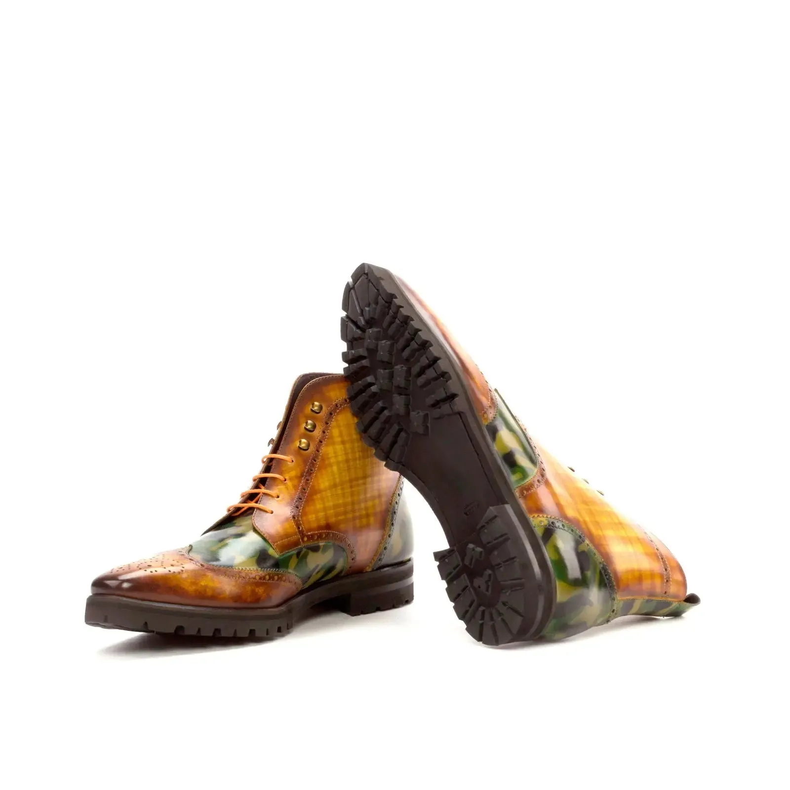 DapperFam Valiant in Cognac / Khaki Camo Men's Hand-Painted Patina Military Brogue