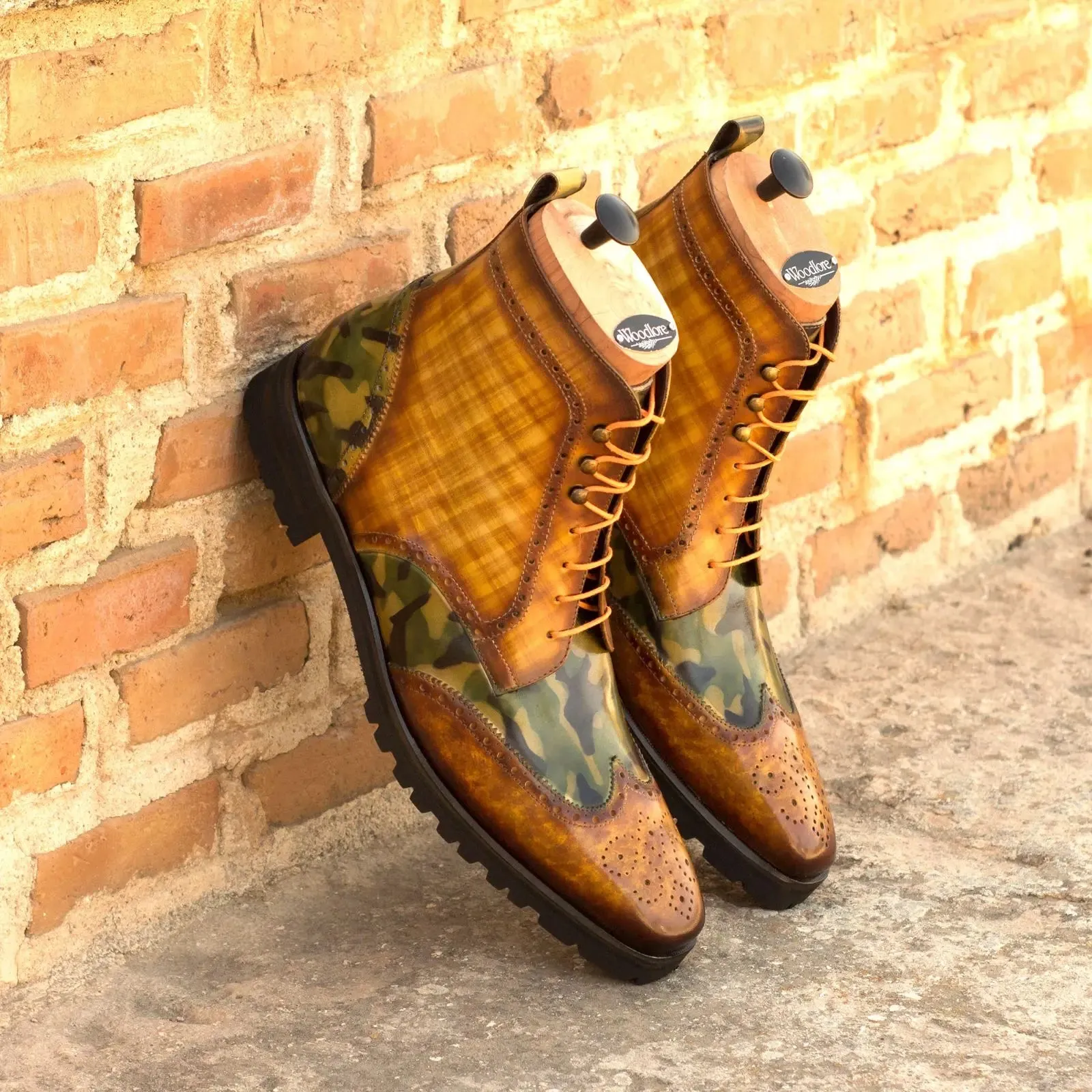 DapperFam Valiant in Cognac / Khaki Camo Men's Hand-Painted Patina Military Brogue