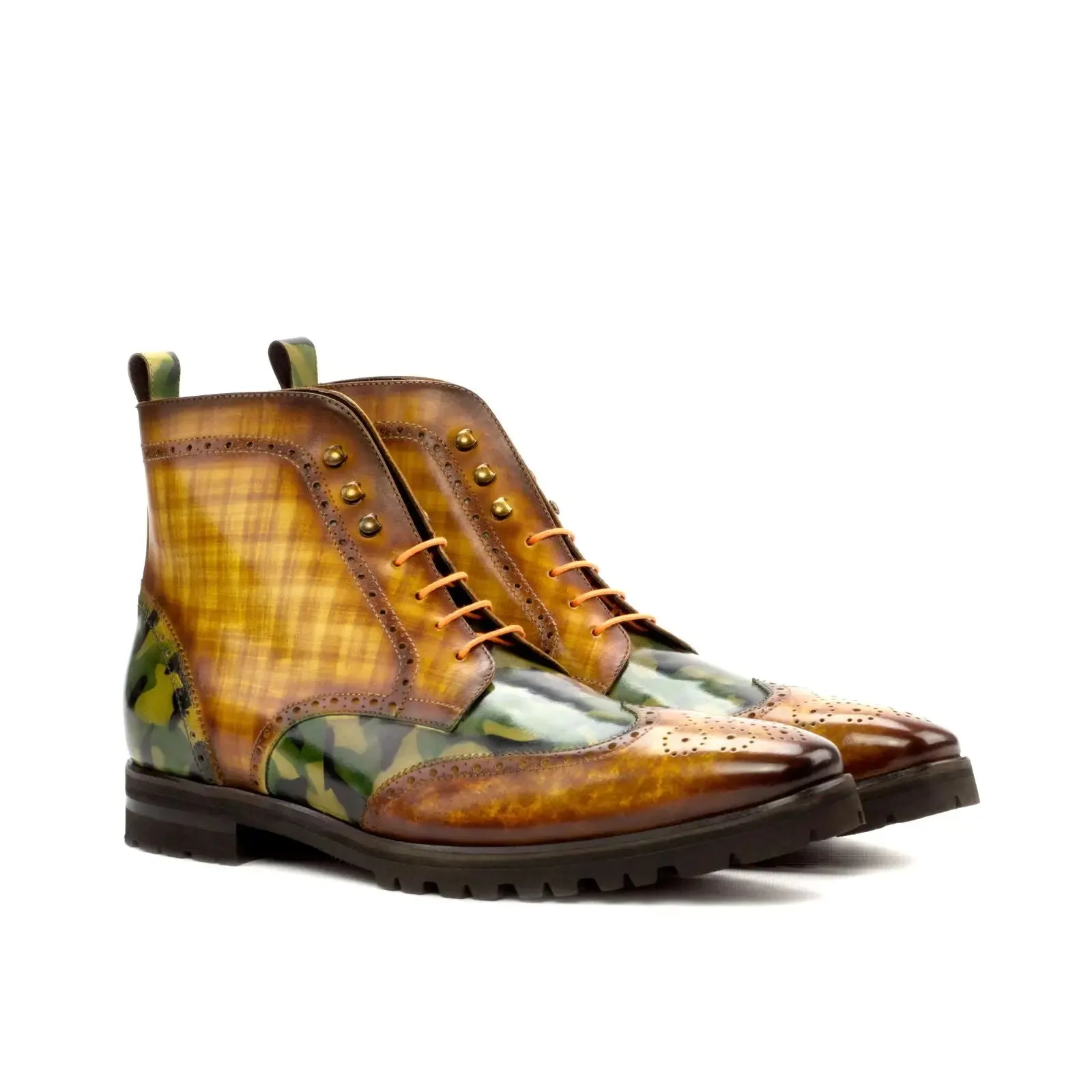 DapperFam Valiant in Cognac / Khaki Camo Men's Hand-Painted Patina Military Brogue