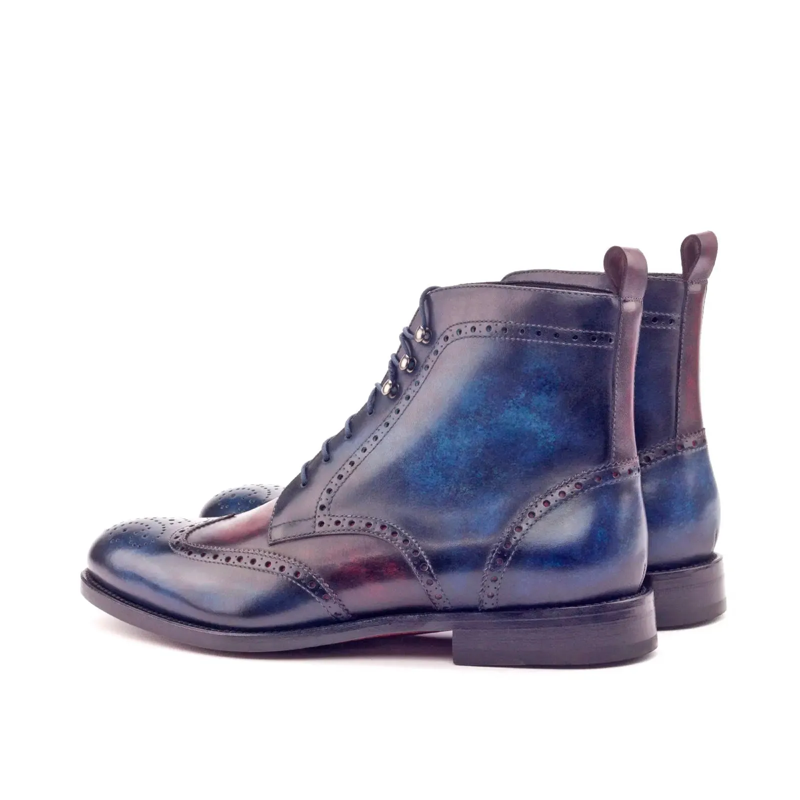 DapperFam Valiant in Denim / Burgundy Men's Hand-Painted Patina Military Brogue