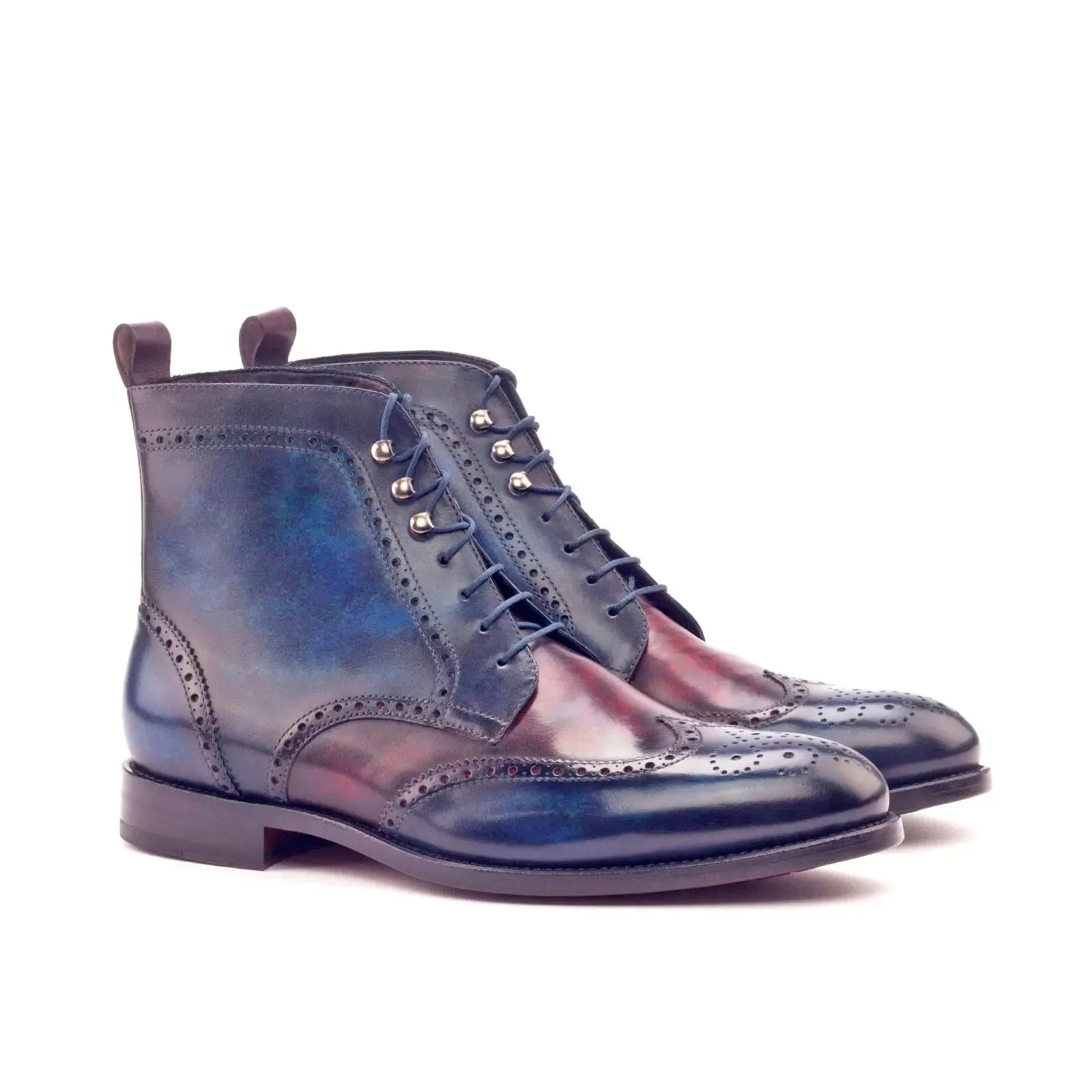 DapperFam Valiant in Denim / Burgundy Men's Hand-Painted Patina Military Brogue