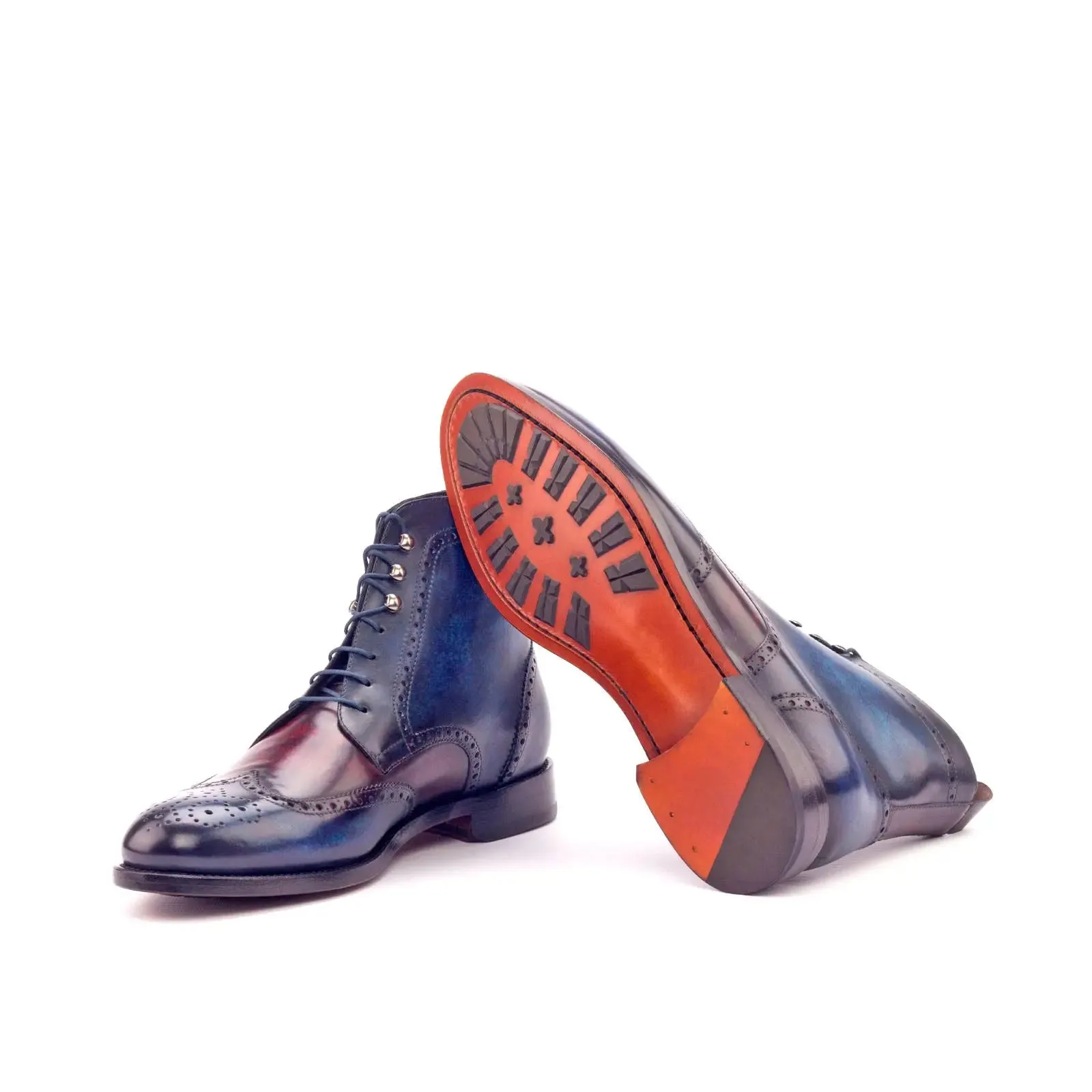 DapperFam Valiant in Denim / Burgundy Men's Hand-Painted Patina Military Brogue
