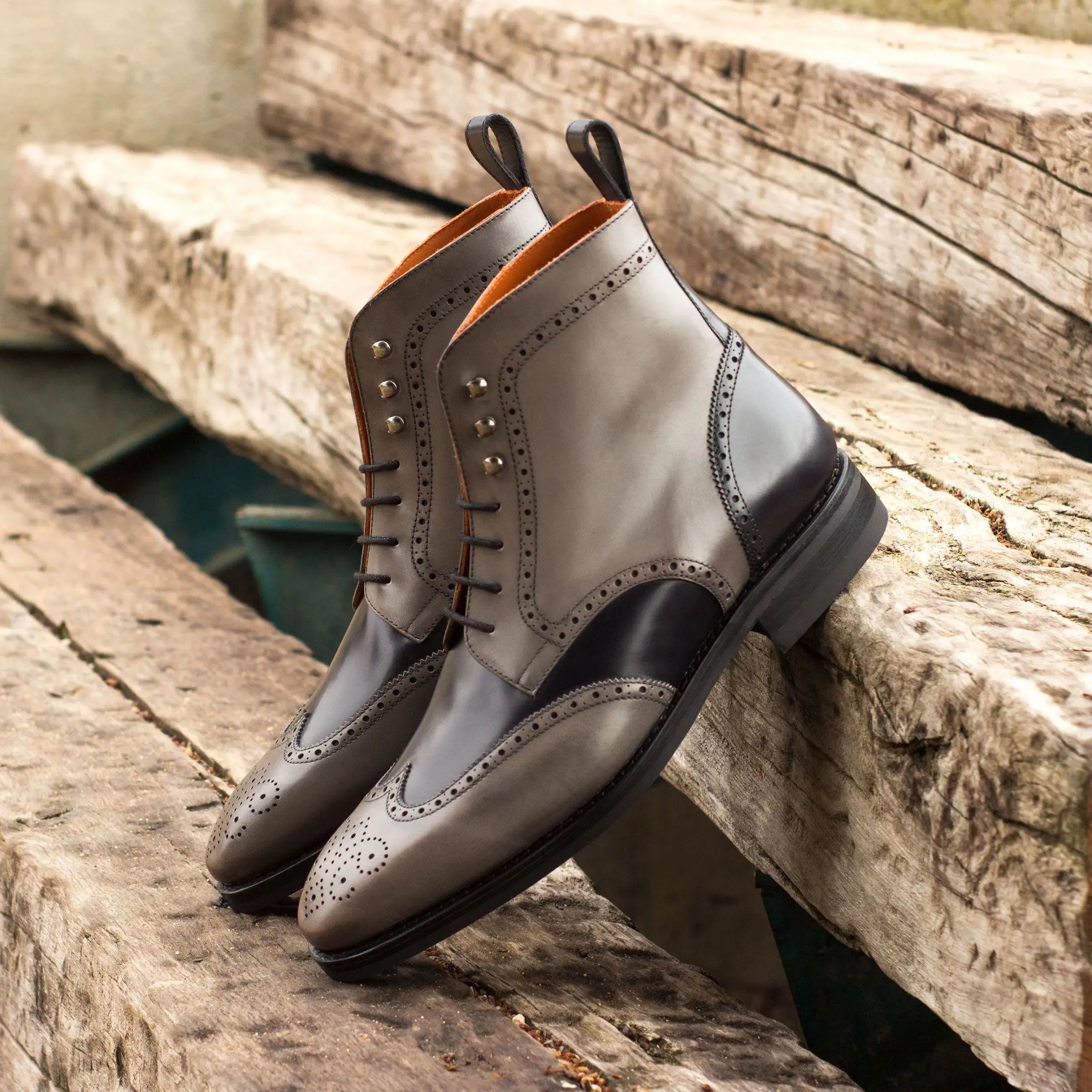 DapperFam Valiant in Grey / Black Men's Italian Leather Military Brogue