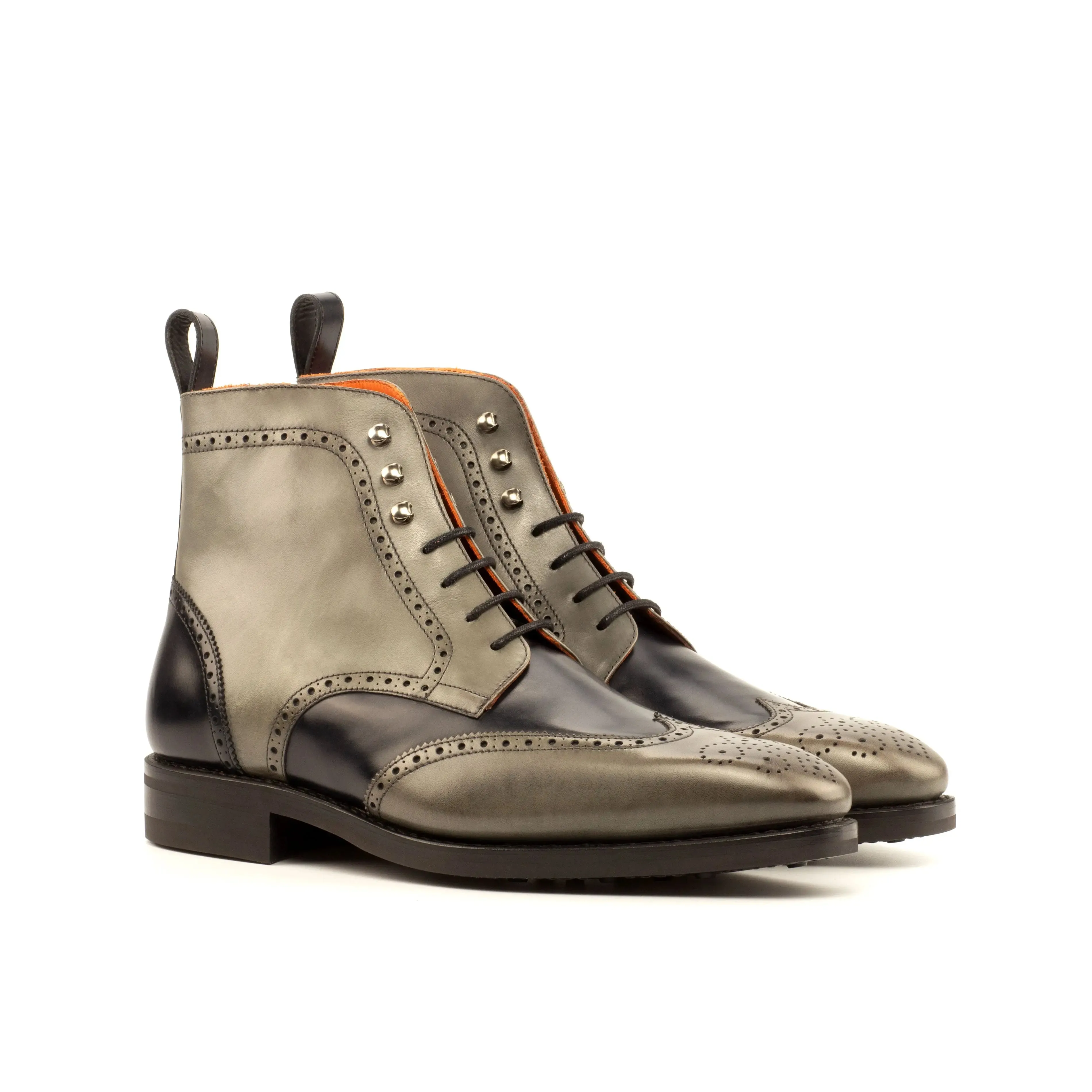 DapperFam Valiant in Grey / Black Men's Italian Leather Military Brogue