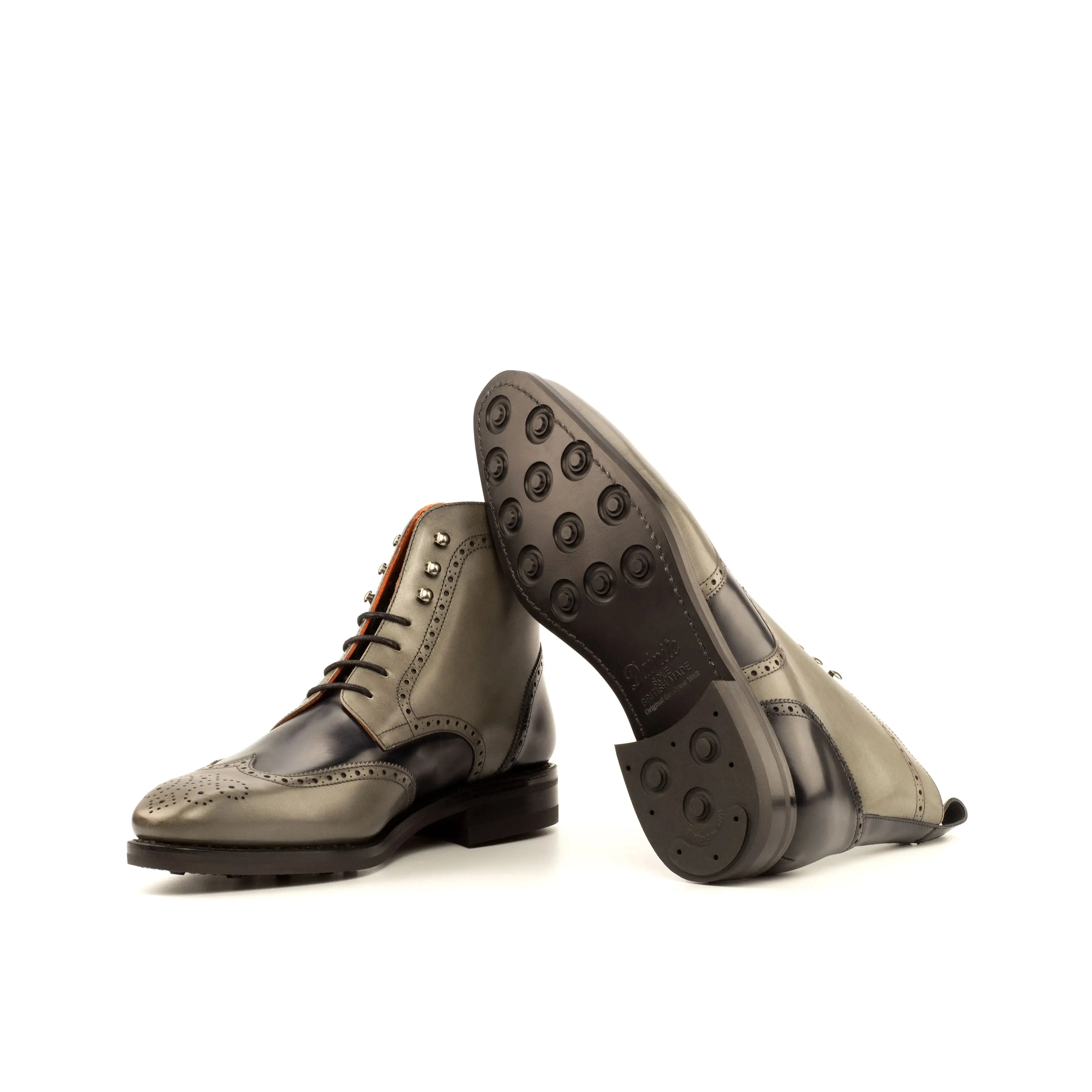 DapperFam Valiant in Grey / Black Men's Italian Leather Military Brogue