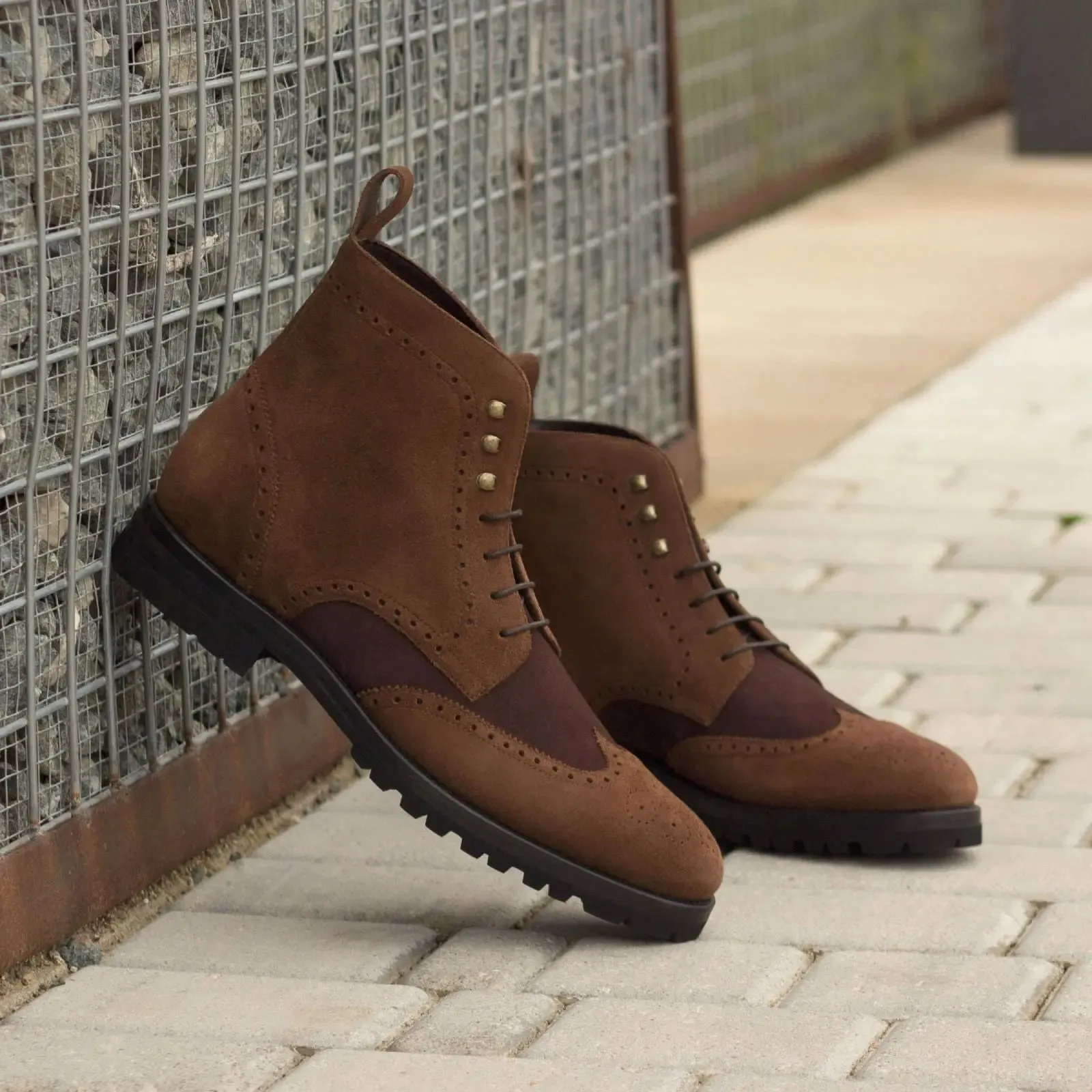 DapperFam Valiant in Med Brown / Brown Men's Lux Suede & Italian Suede Military Brogue